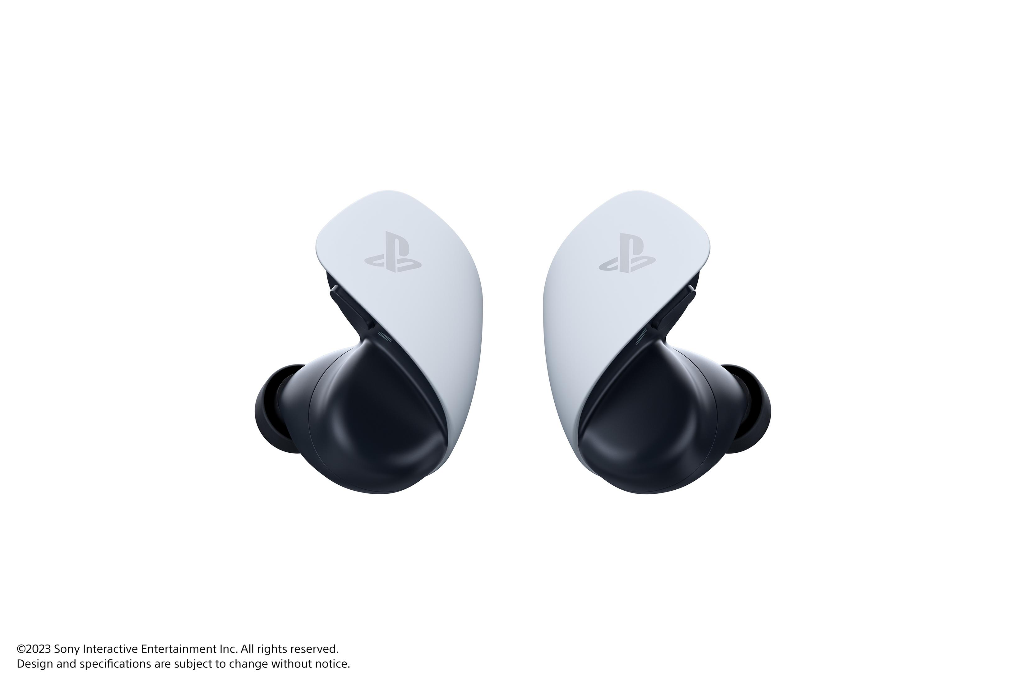 Zwei weiße und schwarze Kopfhörer mit PlayStation-Logo auf weißem Hintergrund.