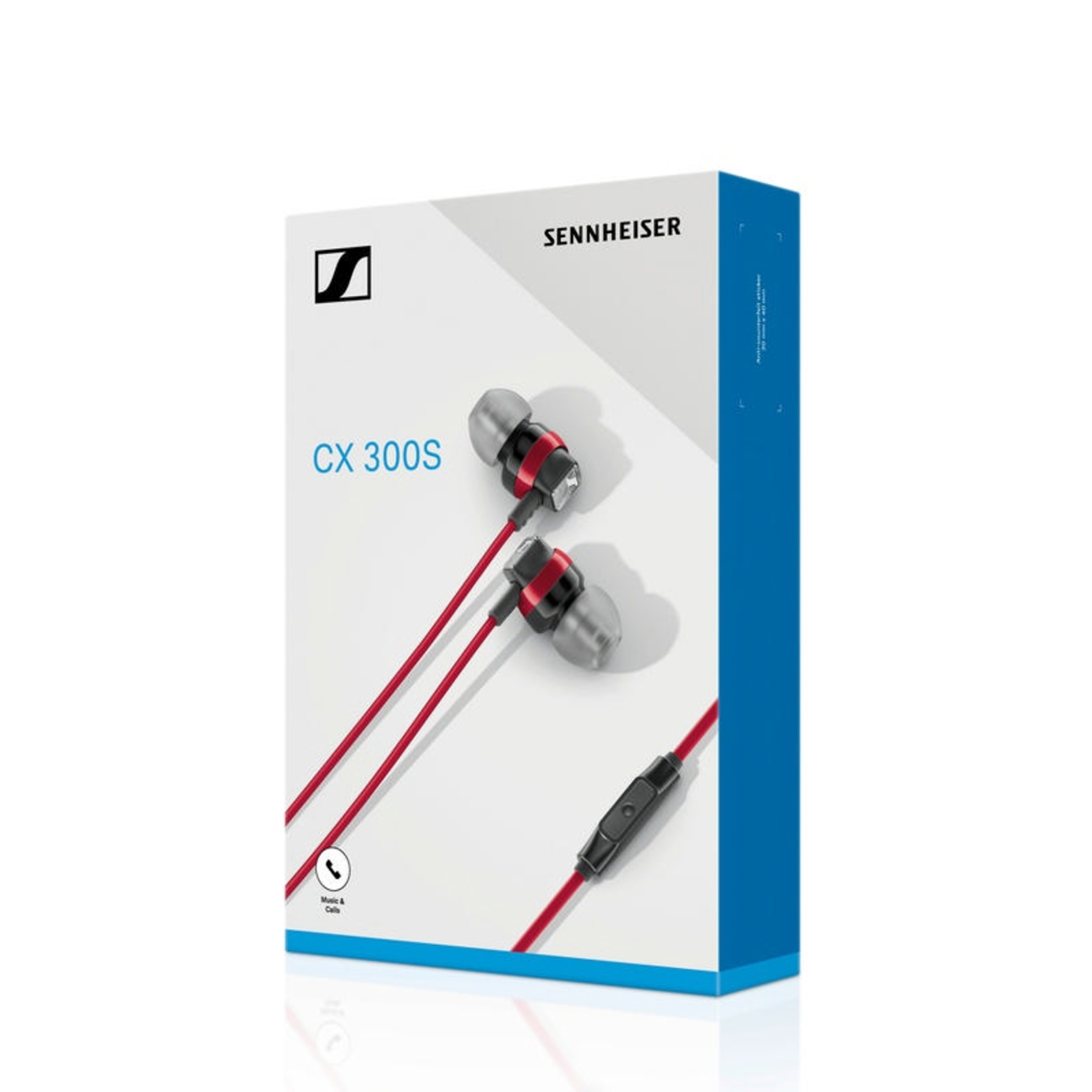 Verpackung für Sennheiser CX 300S Kopfhörer mit roten Kabeln.