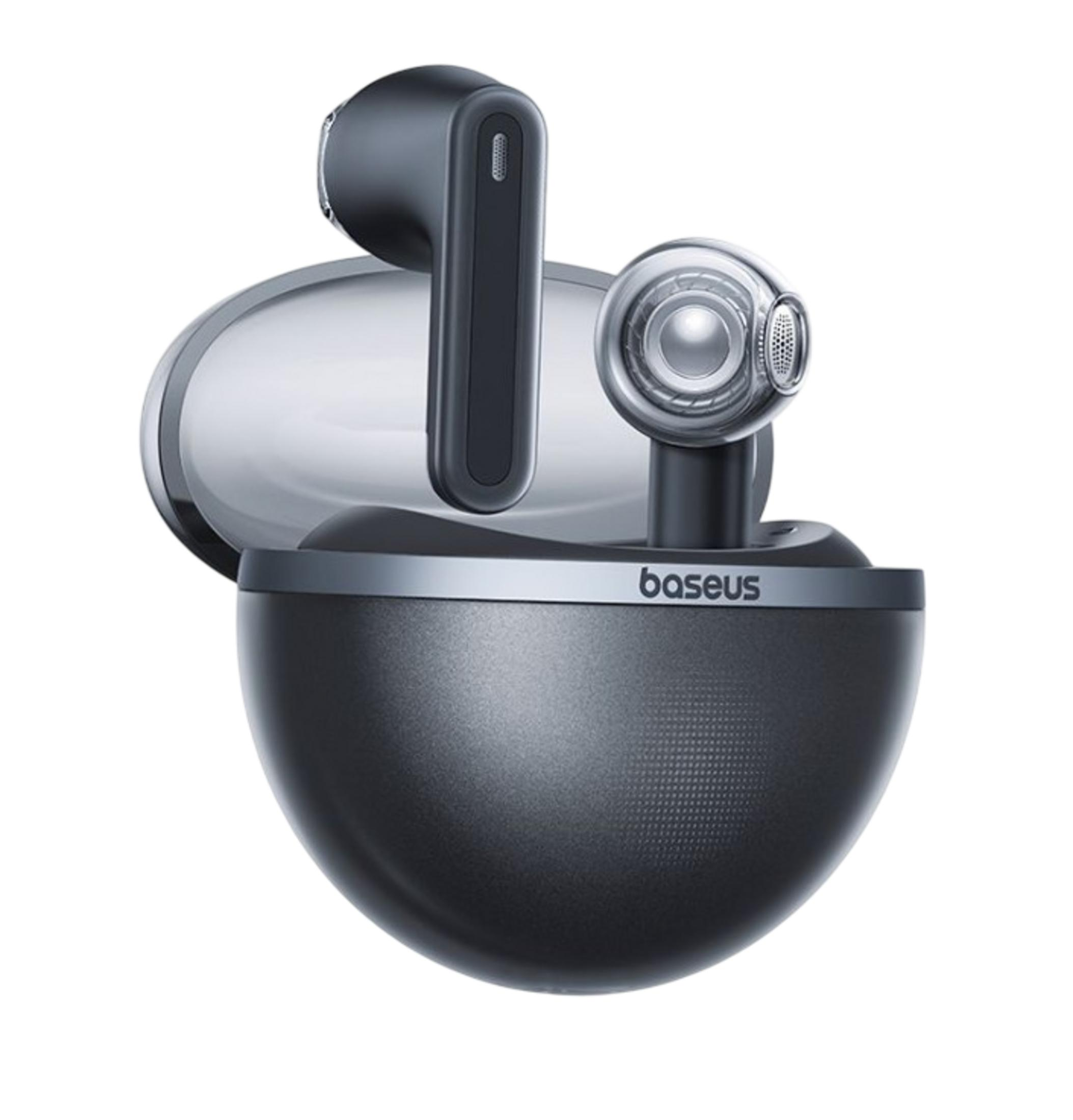 Ciemnoszare słuchawki bezprzewodowe w okrągłym etui ładującym z logo Baseus.