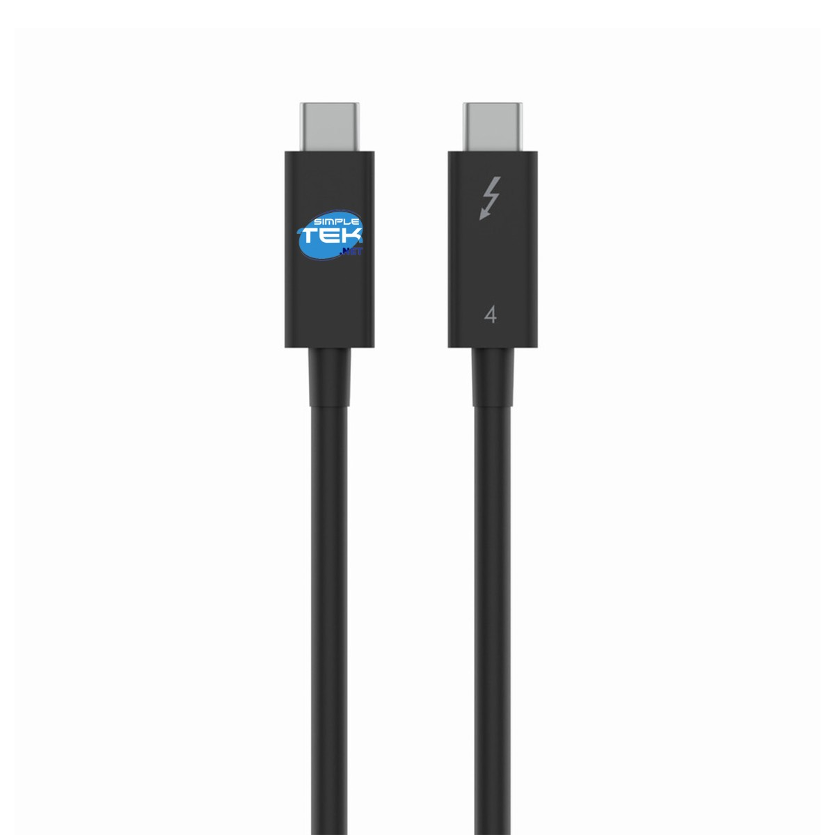 Due cavi USB-C neri con connettori argentati e simboli Thunderbolt.