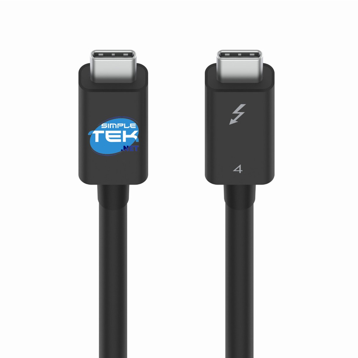 Due cavi USB-C neri, uno con logo Simple Tek, uno con Thunderbolt 4.
