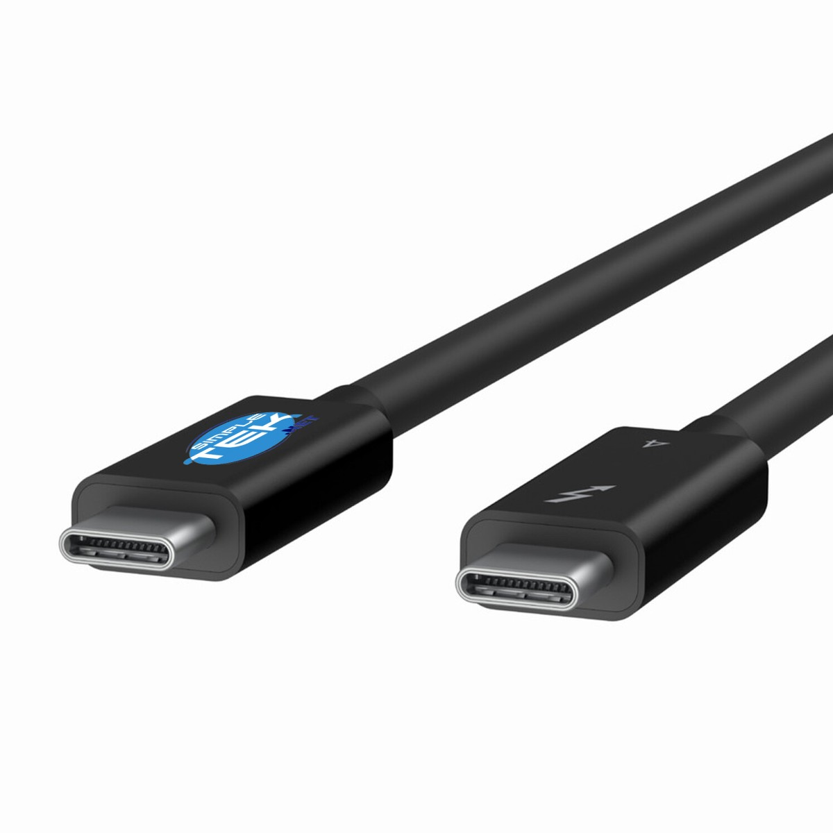 Cavo USB-C nero con due connettori e loghi, su sfondo bianco.