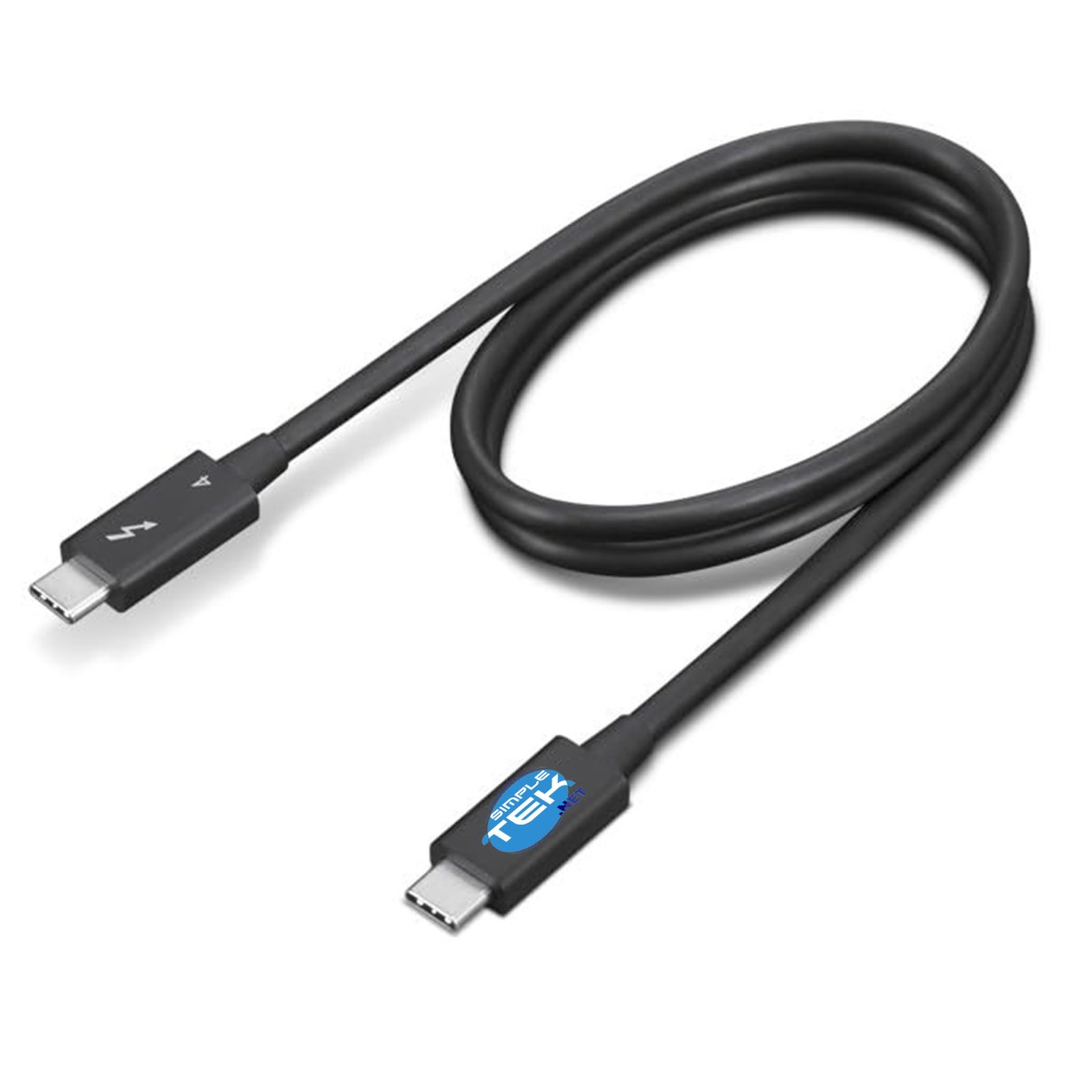 Un cavo USB-C nero con due connettori e un simbolo di fulmine.