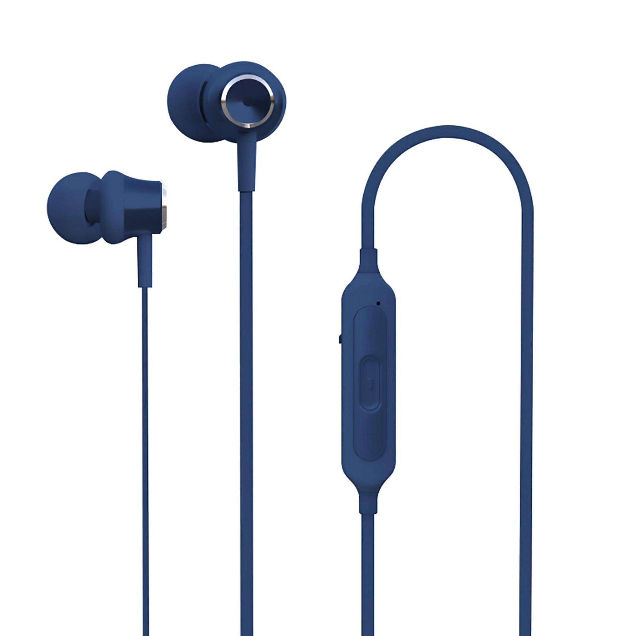 Auricolari in-ear blu scuro con telecomando su sfondo bianco.