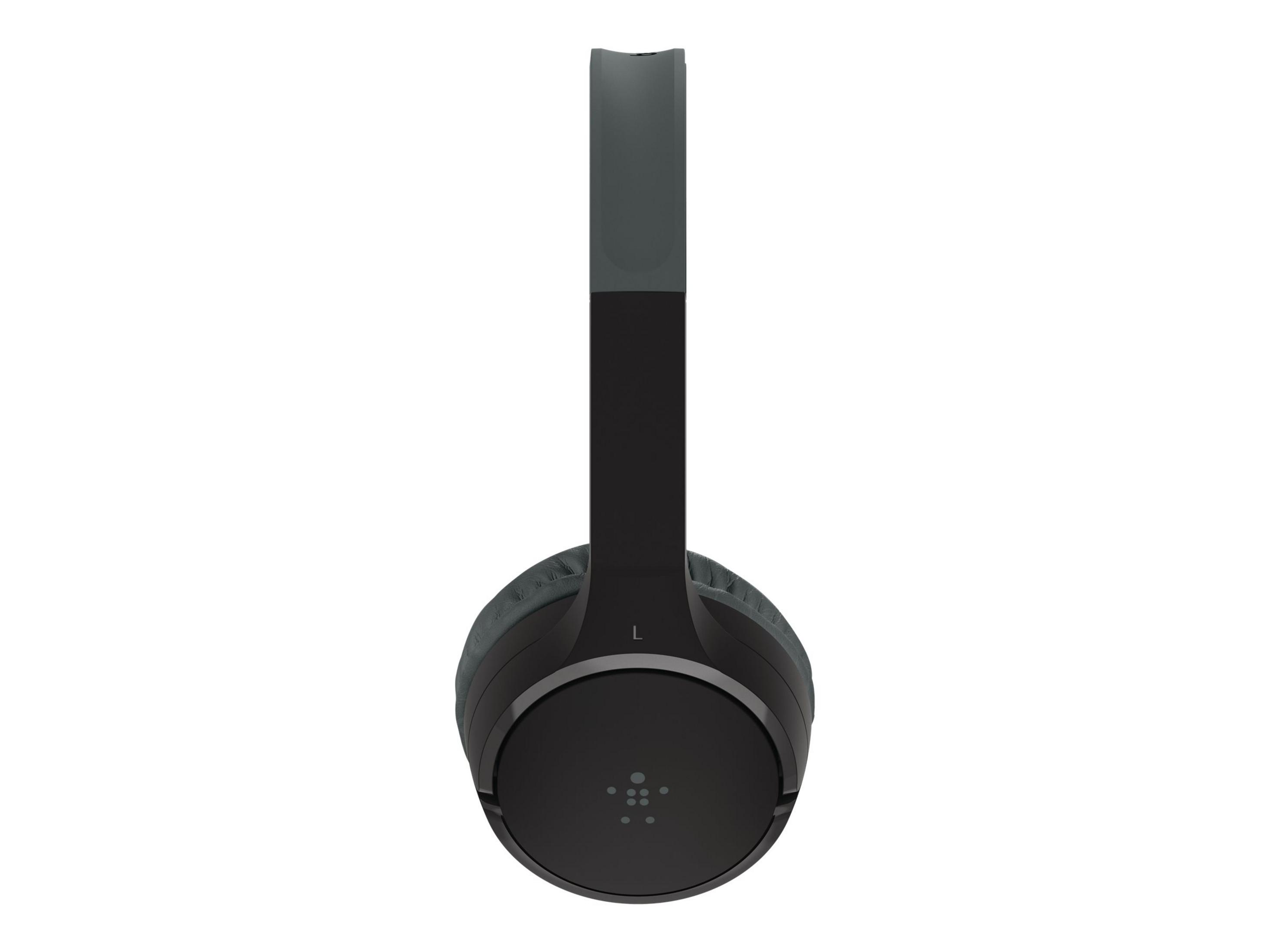 Schwarze Kopfhörer mit grauer Polsterung und einem L-Symbol.