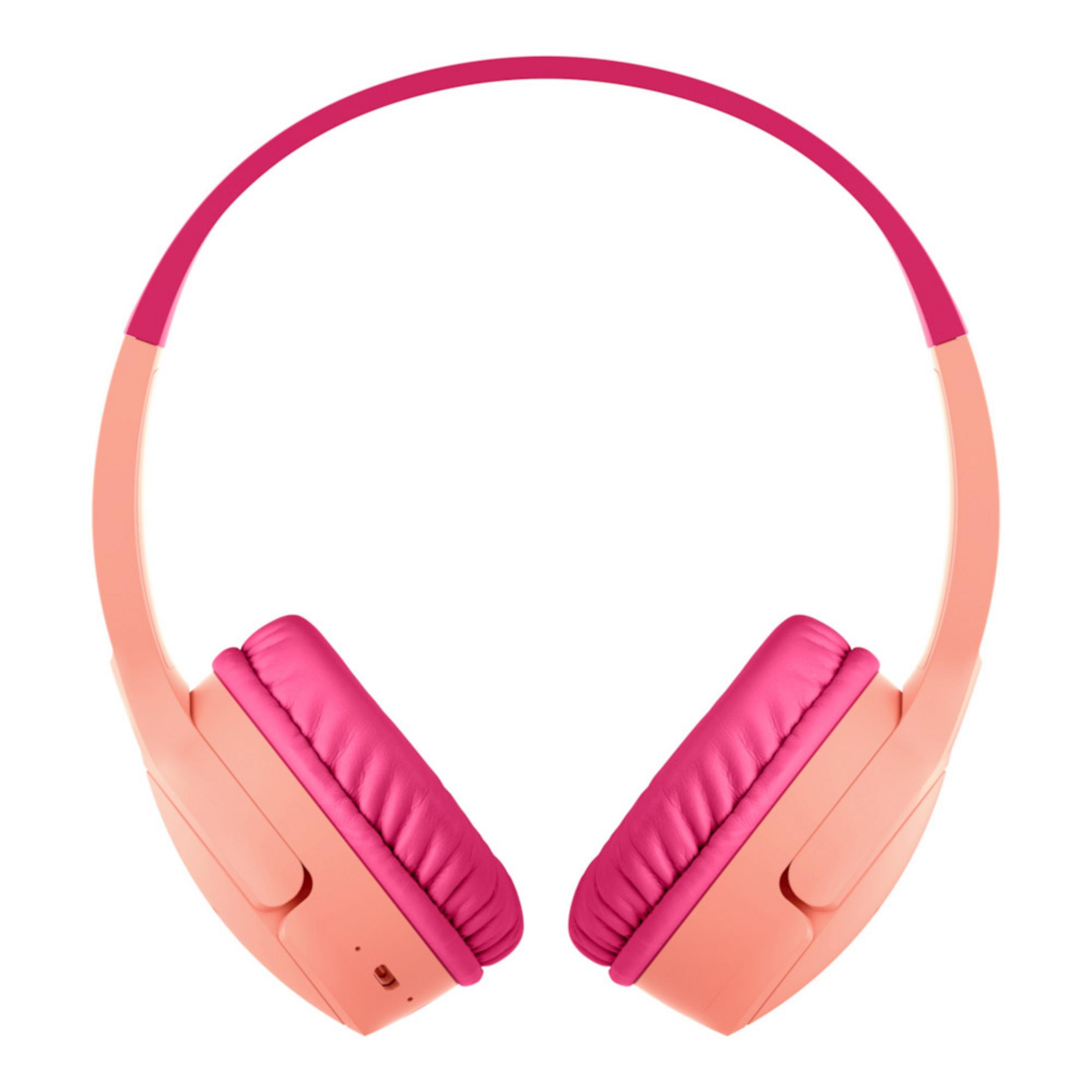 Un paio di cuffie color corallo con cuscinetti rosa.