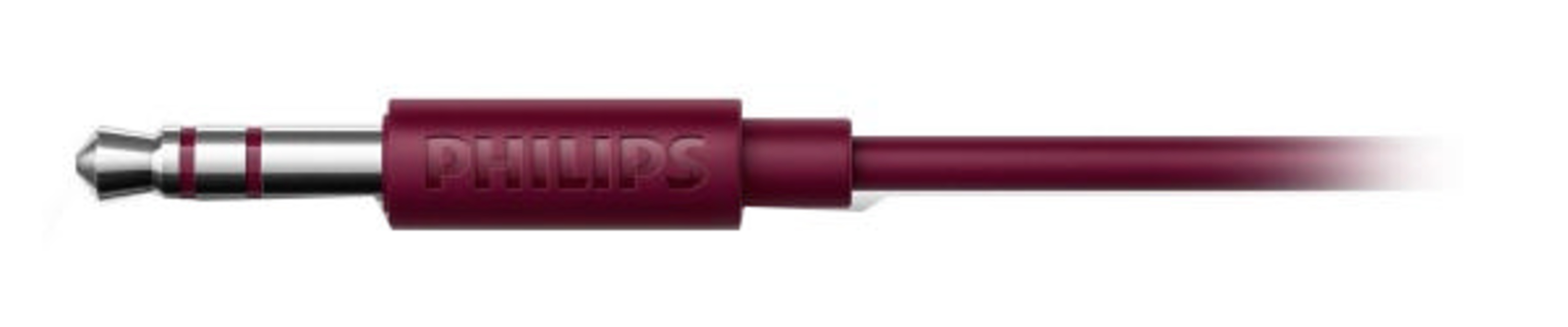 Un conector de audio jack de 3,5 mm color granate con logo Philips.