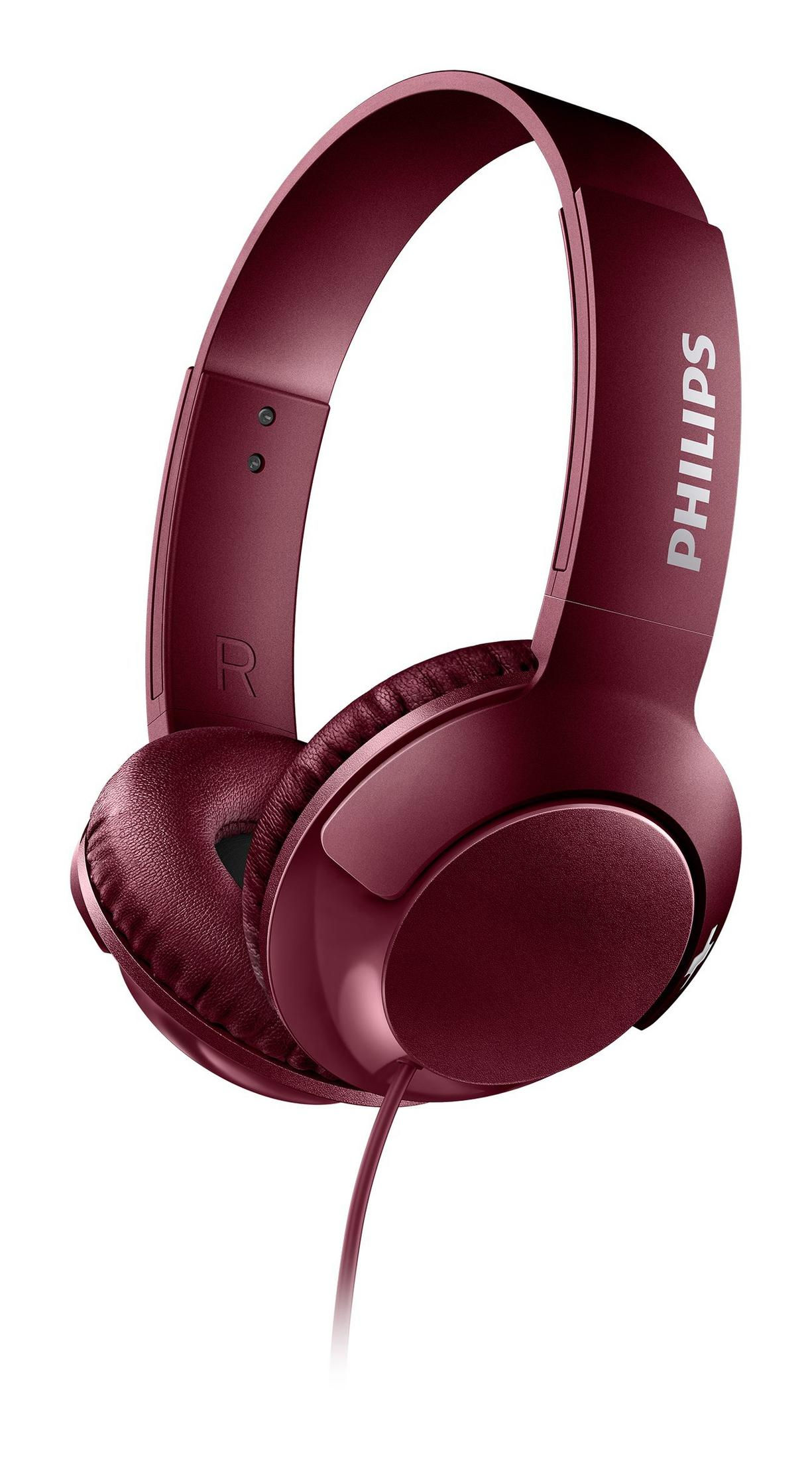 Auriculares Philips con cable en color burdeos con almohadillas sobre fondo blanco.