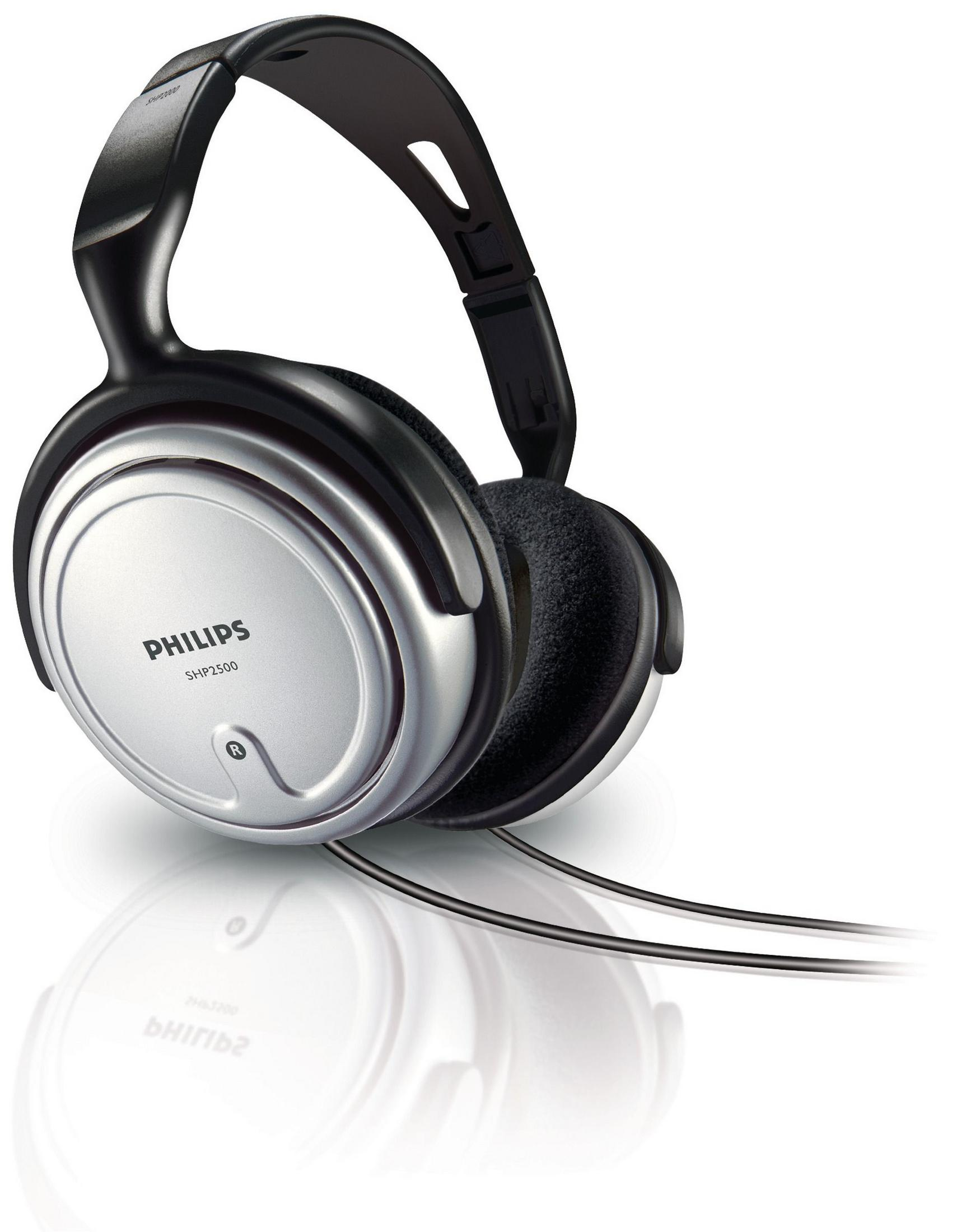 Cuffie Philips SHP2500 con padiglioni argentati e archetto nero su sfondo bianco.