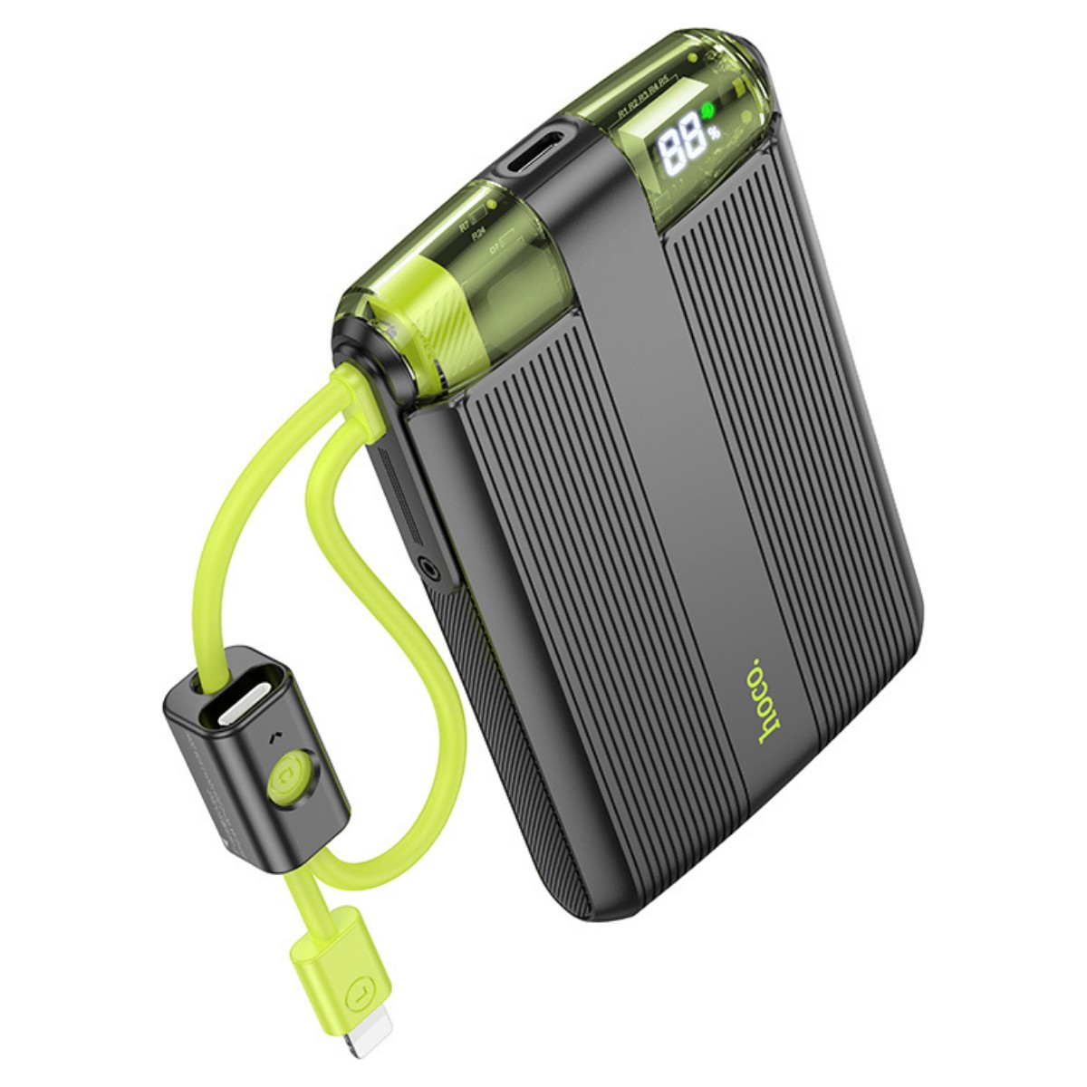 88% gösteren yeşil kablolu ve dijital ekranlı siyah powerbank.