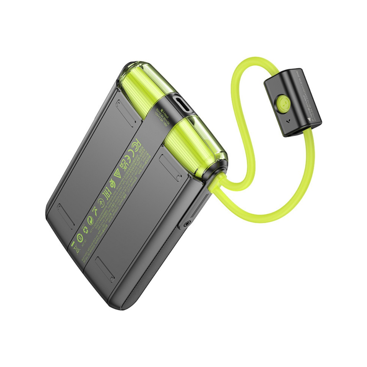 Parlak yeşil vurgulu gri powerbank ve kablosu