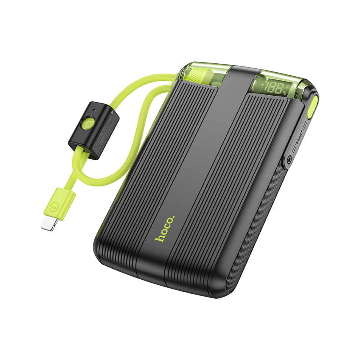 Sarı kablolu ve %188 dijital ekranlı siyah powerbank.
