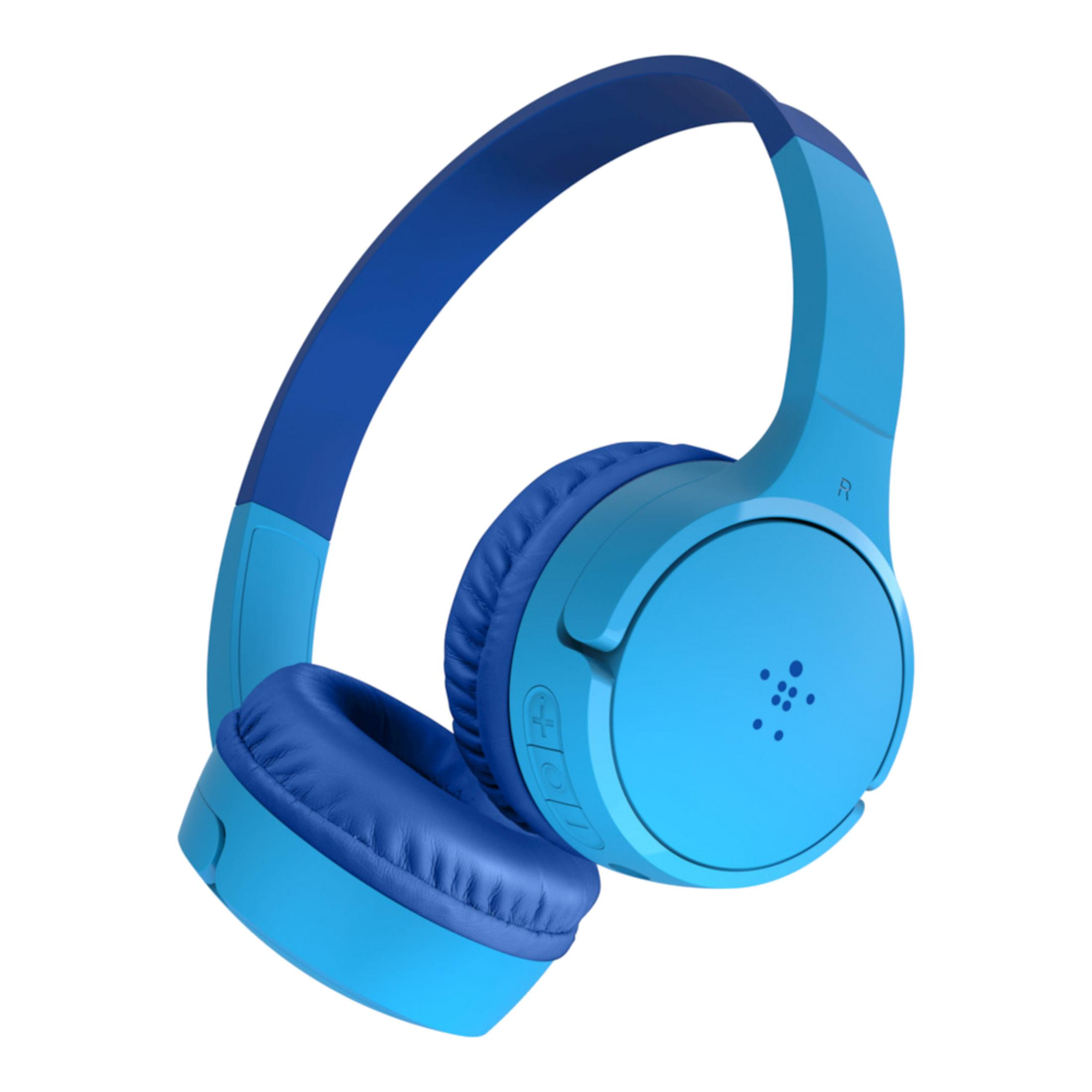 Blauwe koptelefoon met gevoerde oorschelpen en verstelbare hoofdband.