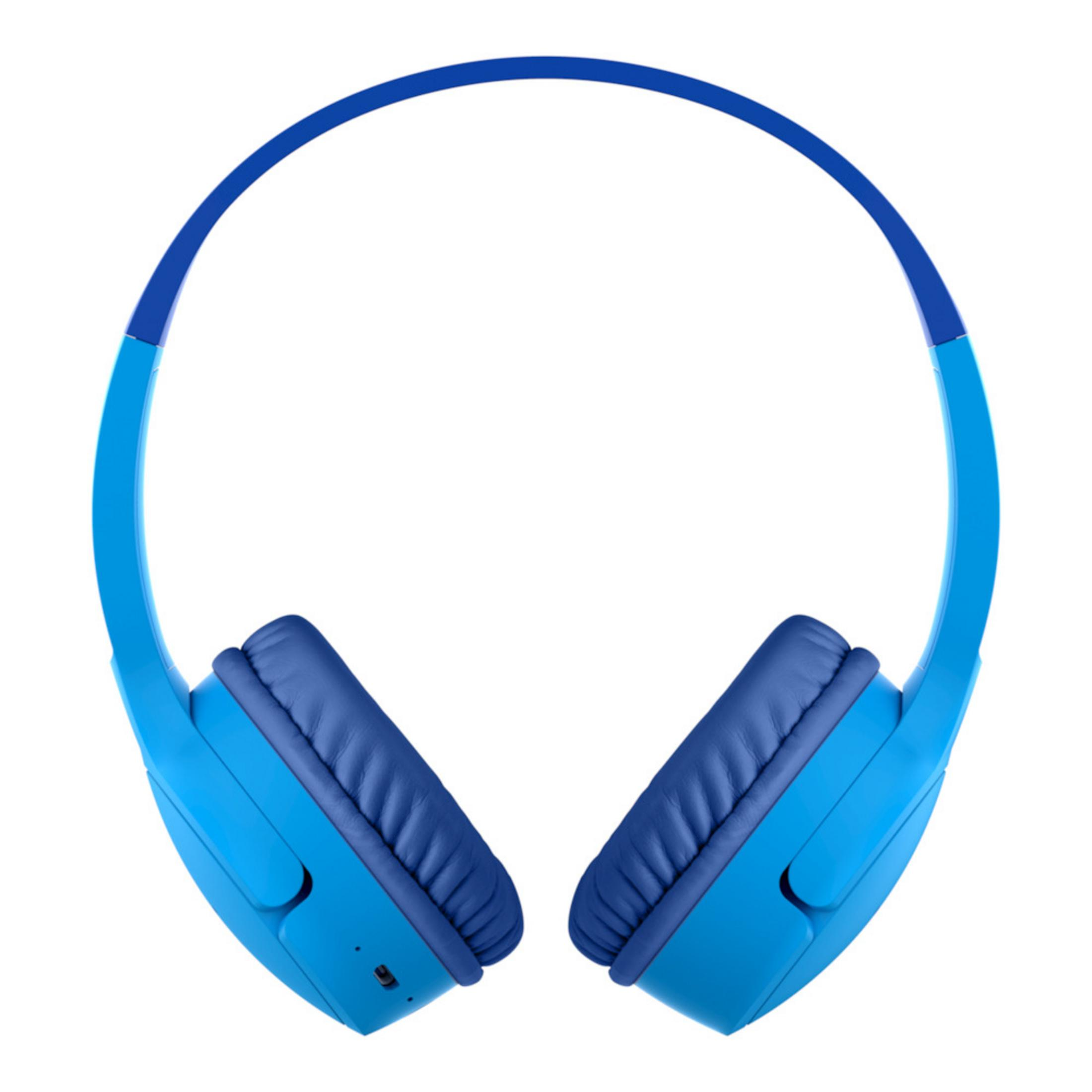 Blauwe koptelefoon met zachte oorkappen en hoofdband.