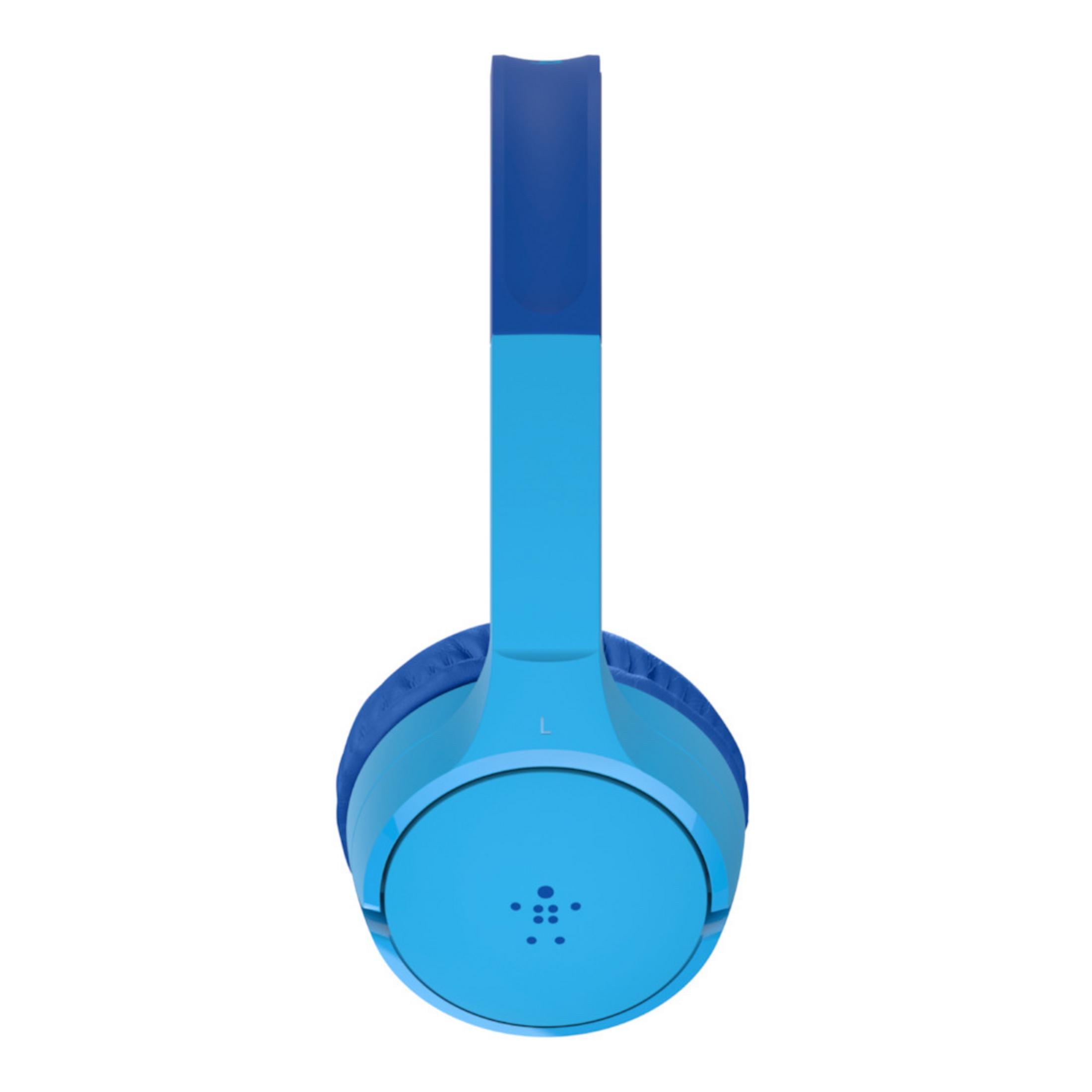 Blauwe koptelefoon met een 'L'-symbool op de linkeroorschelp.
