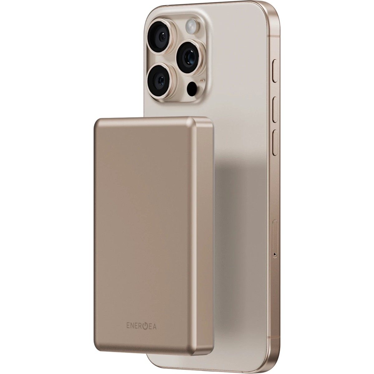 Altın rengi bir pil, altın rengi bir iPhone'un arkasına takılıdır.