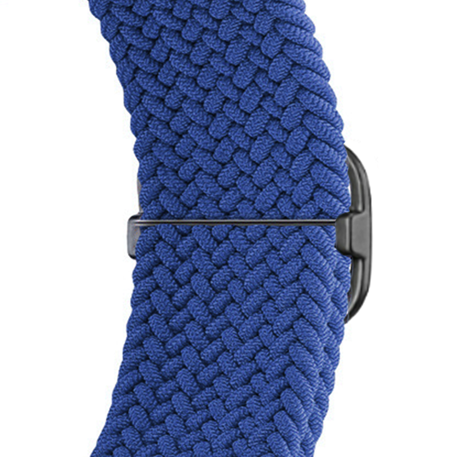 Niebieska pleciona tkanina z czarnym zapięciem.