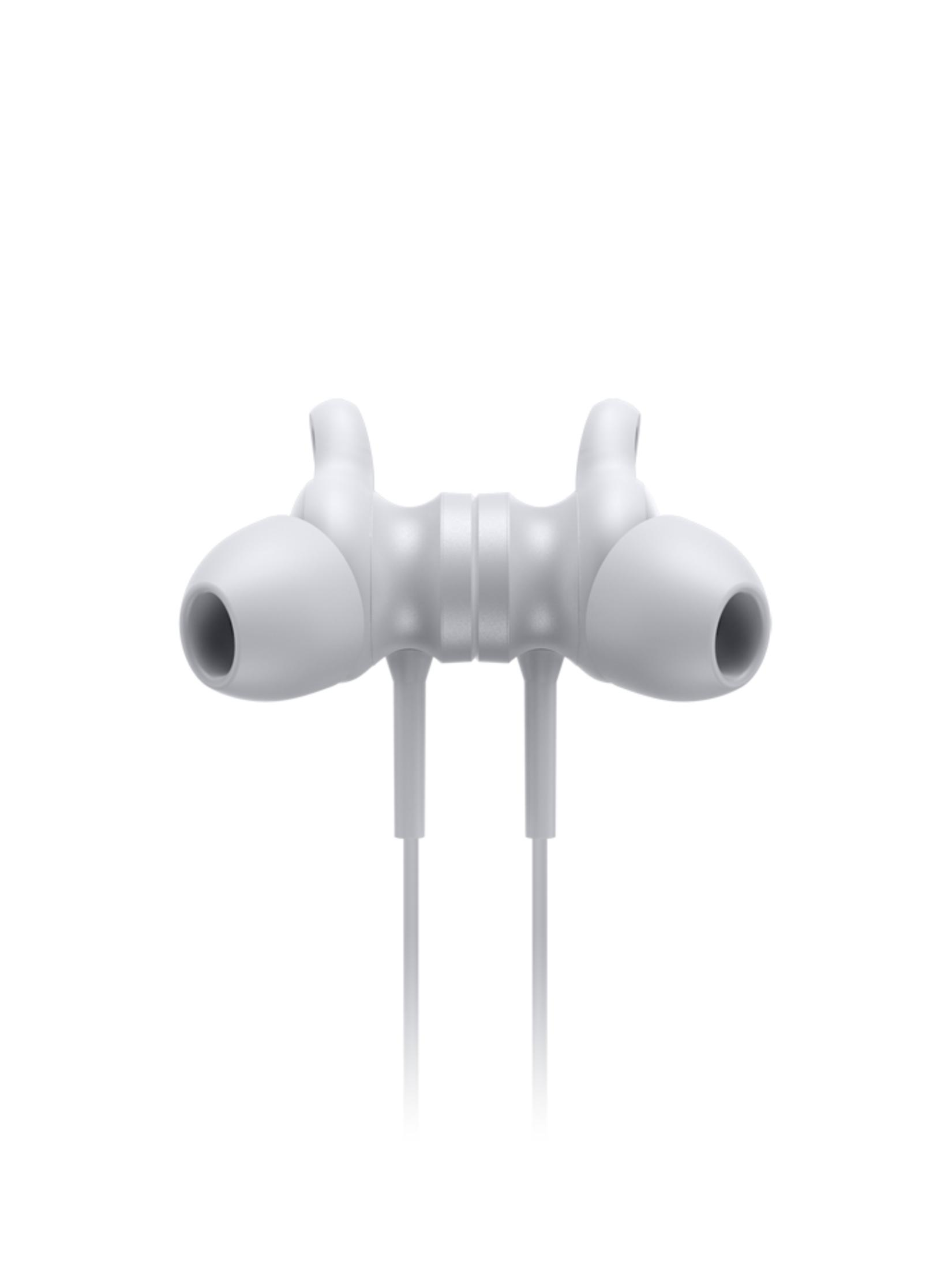 Weiße In-Ear-Kopfhörer mit geripptem Mittelteil und Kabeln.