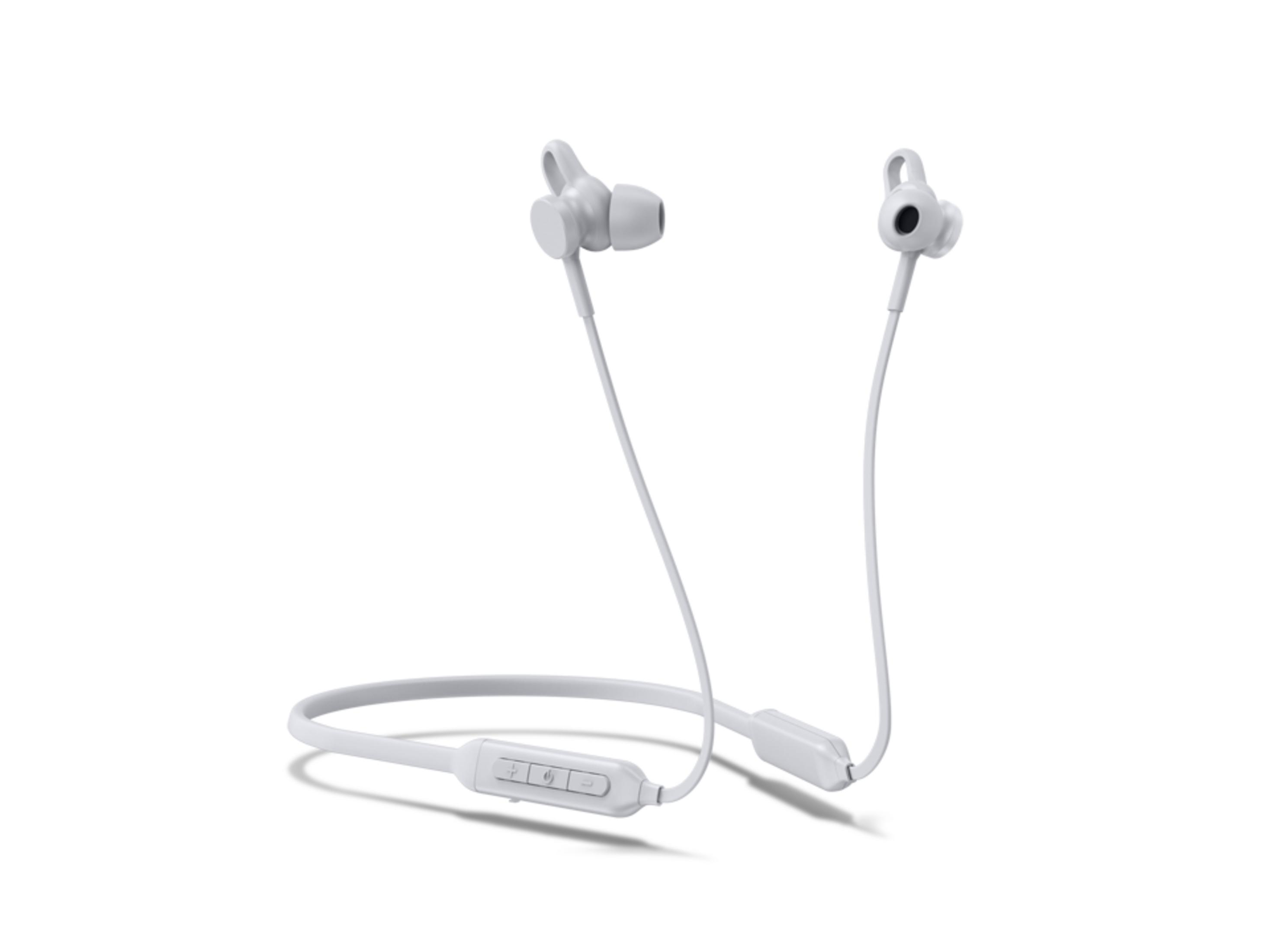Weiße In-Ear-Kopfhörer mit Nackenband und Bedienelementen.