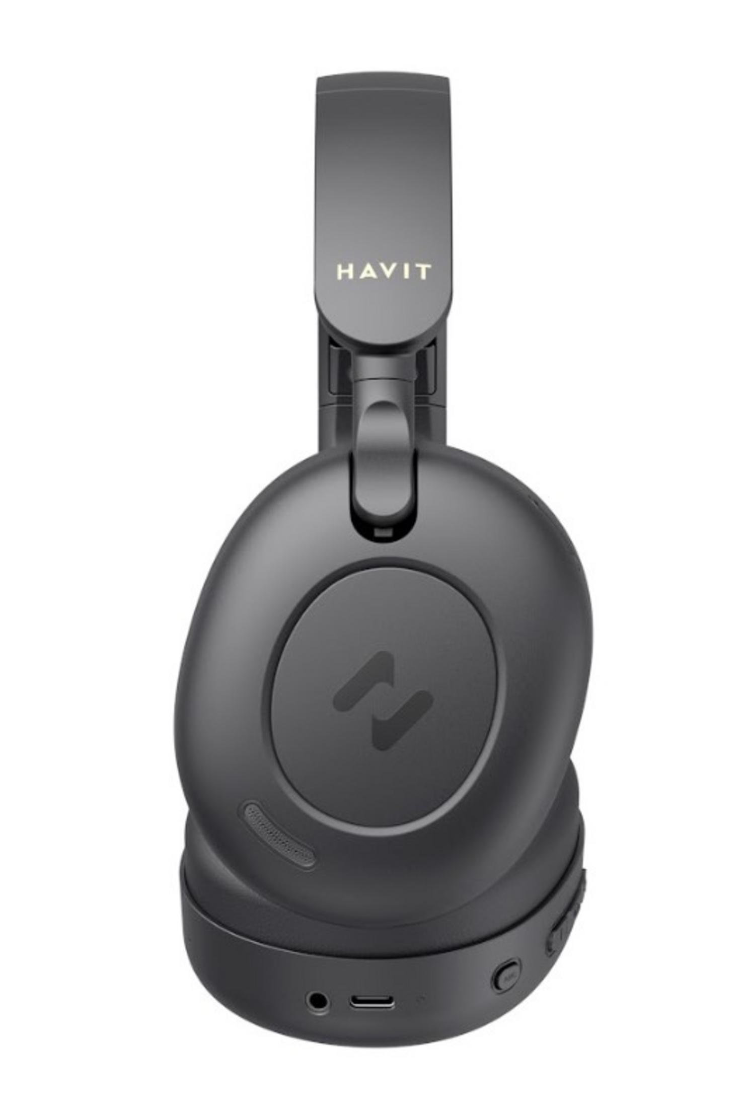 Szare słuchawki Havit z logo i portem ładowania.