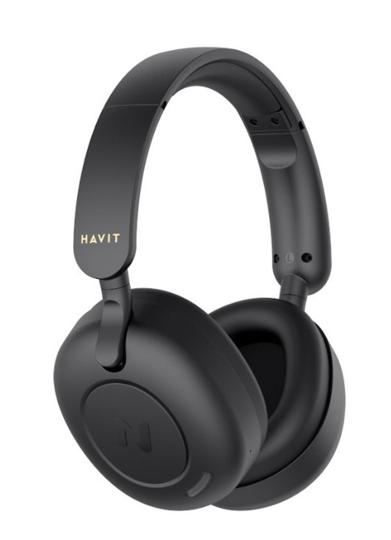 Czarne słuchawki nauszne z srebrnym logo HAVIT i symbolem N.