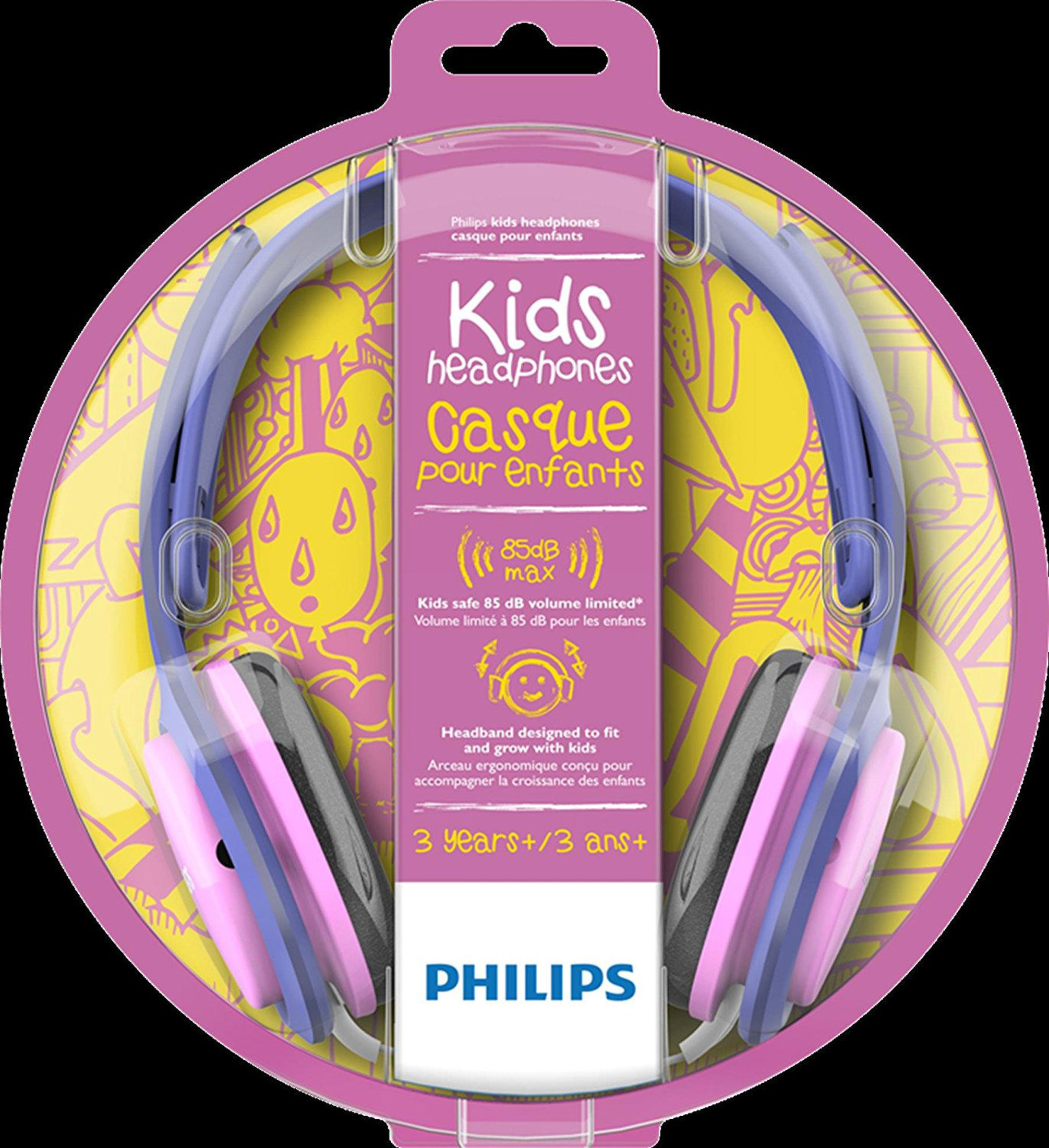 Verpackte Philips Kopfhörer für Kinder in Blau, Rosa und Grau mit gelbem Muster.