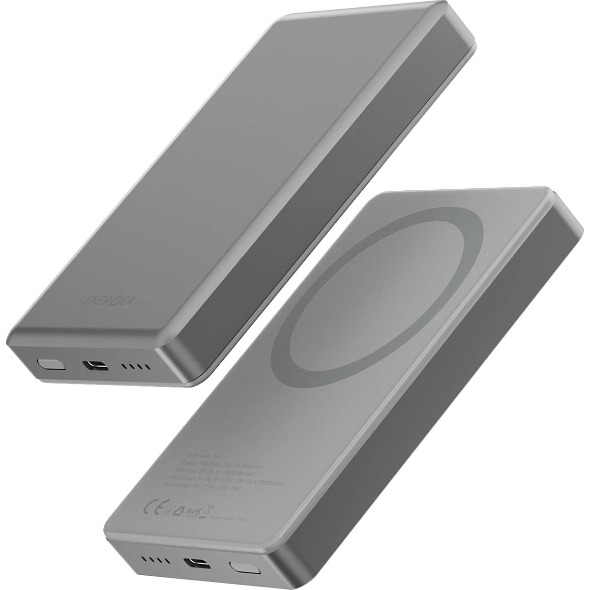 Yan yana iki gri powerbank, biri halka desenli, diğeri portlu.