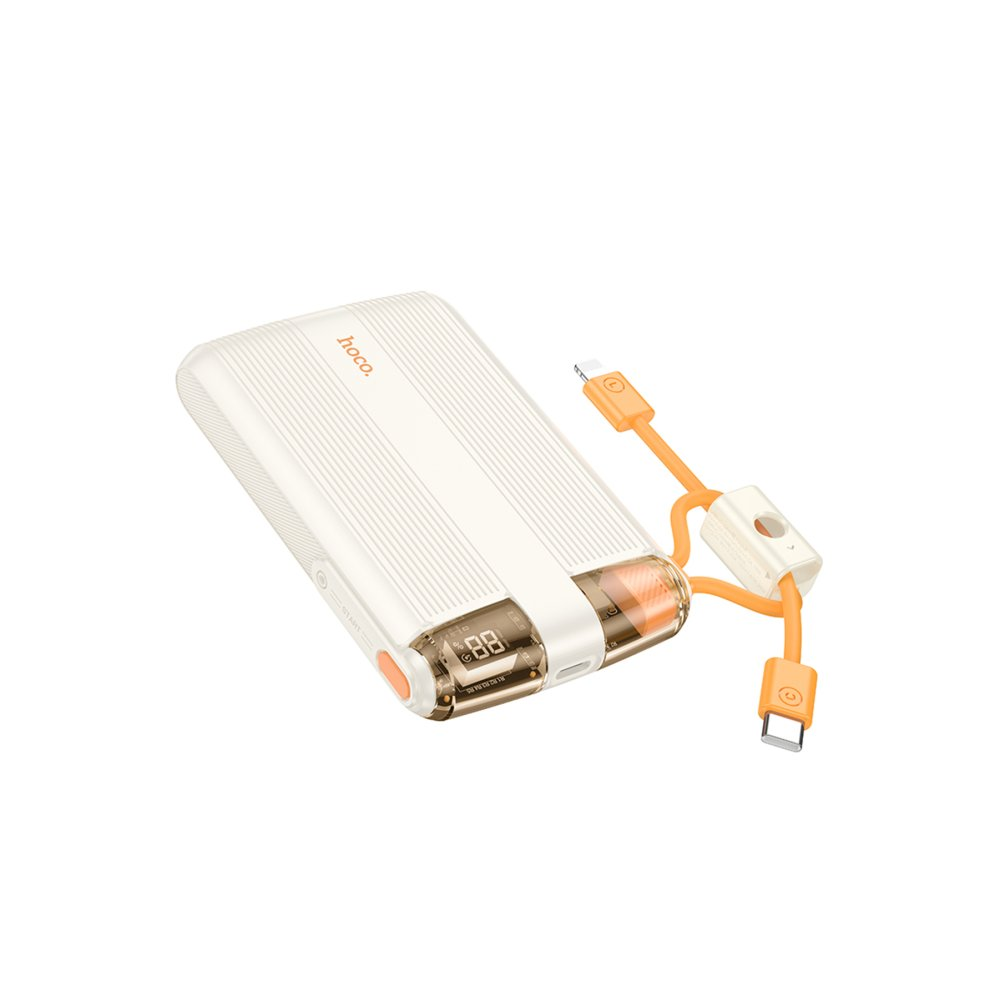 Turuncu kablolu ve dijital ekranlı beyaz powerbank.