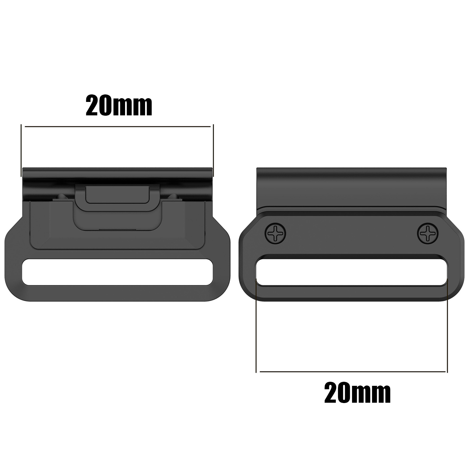 Dwa czarne zapięcia 20 mm obok siebie, z wymiarami.
