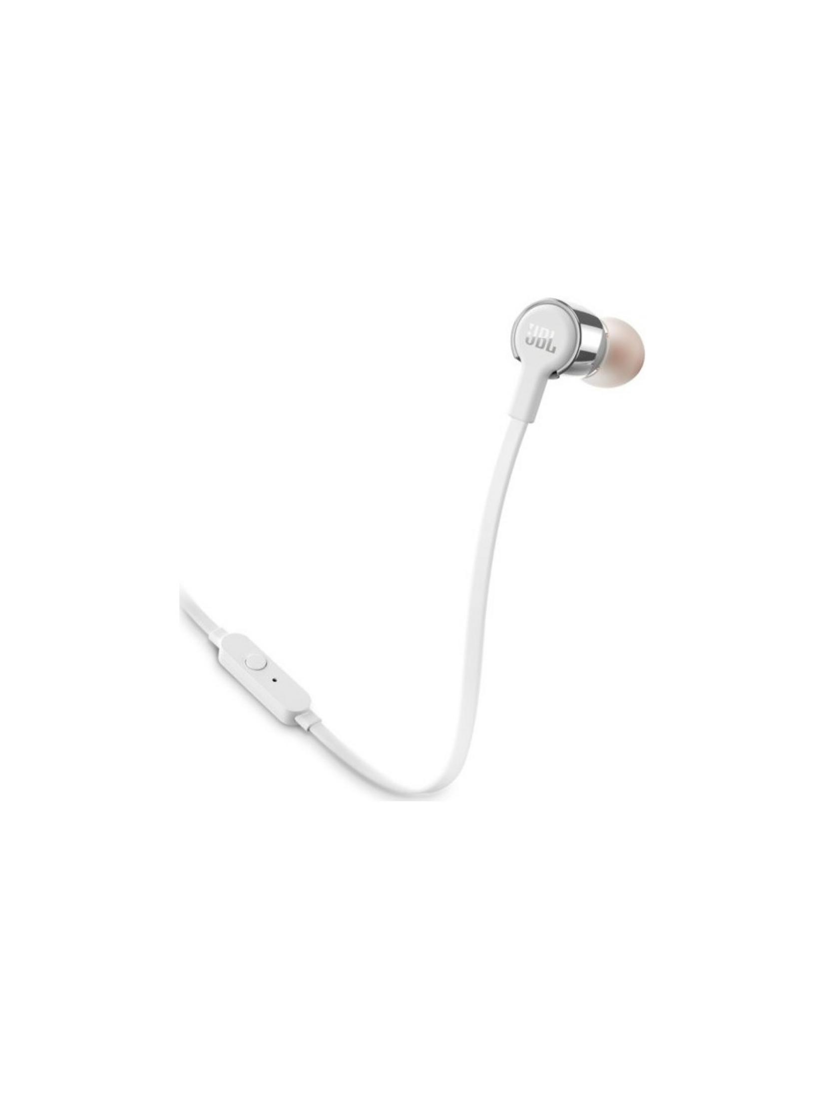 Białe słuchawki ze srebrnym logo JBL i panelem sterowania.