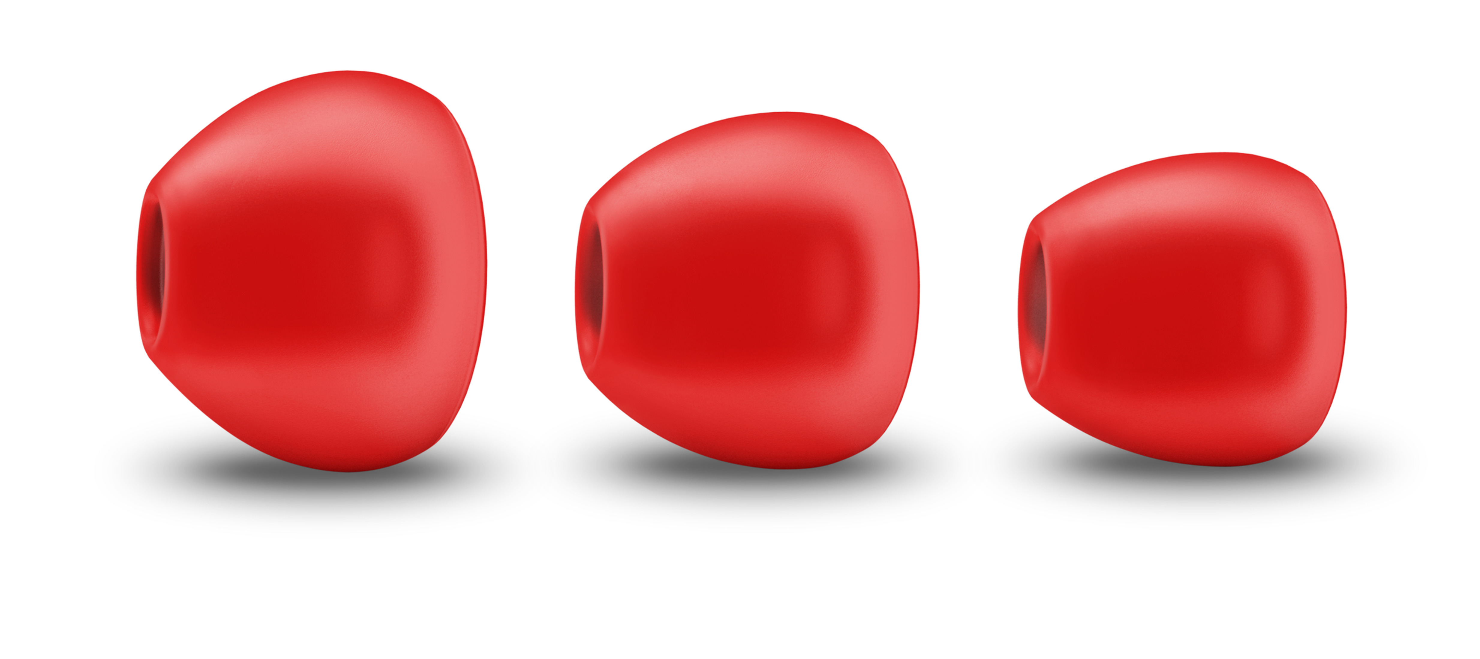 Trzy czerwone końcówki słuchawek ułożone w linii na białym tle.