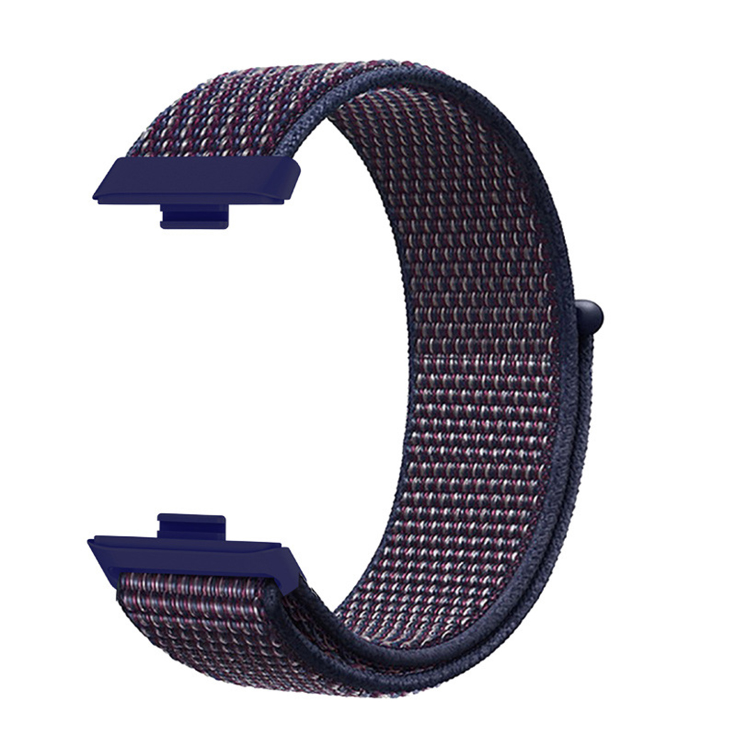 Un cinturino per orologio in tessuto blu scuro con fili rossi e bianchi, fissato su sfondo bianco.