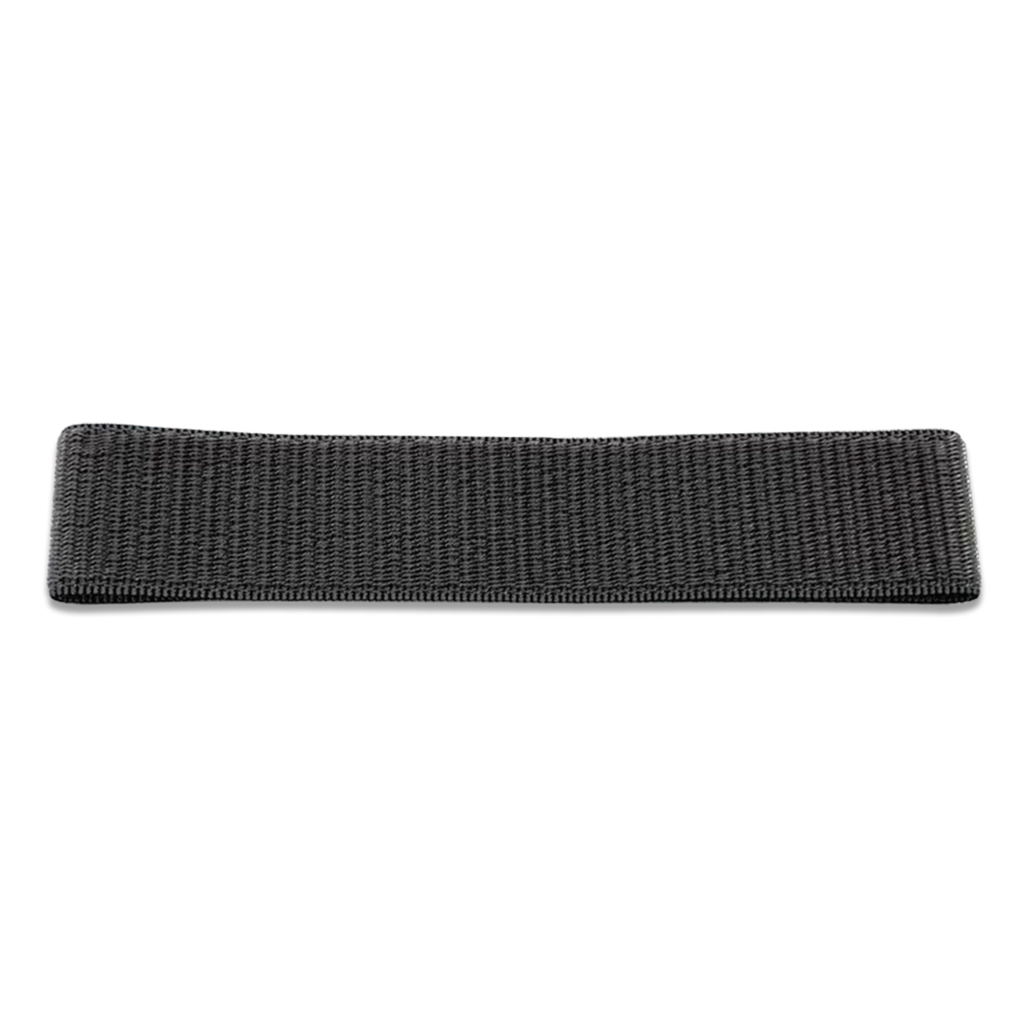 Una stretta fascia di tessuto grigio scuro con trama tessuta, posizionata orizzontalmente su sfondo bianco.