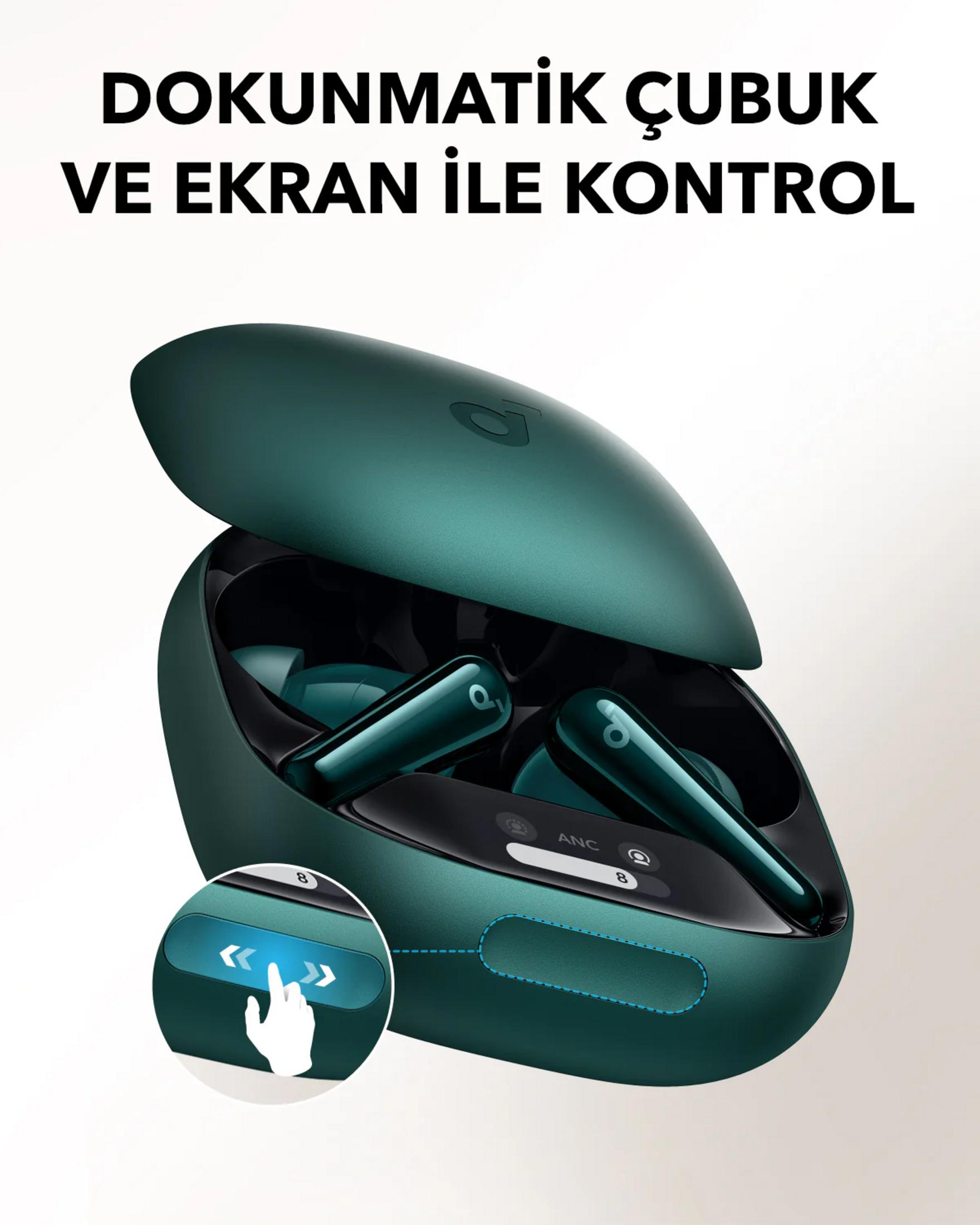 Auricolari wireless verdi in una custodia di ricarica aperta con display touch.