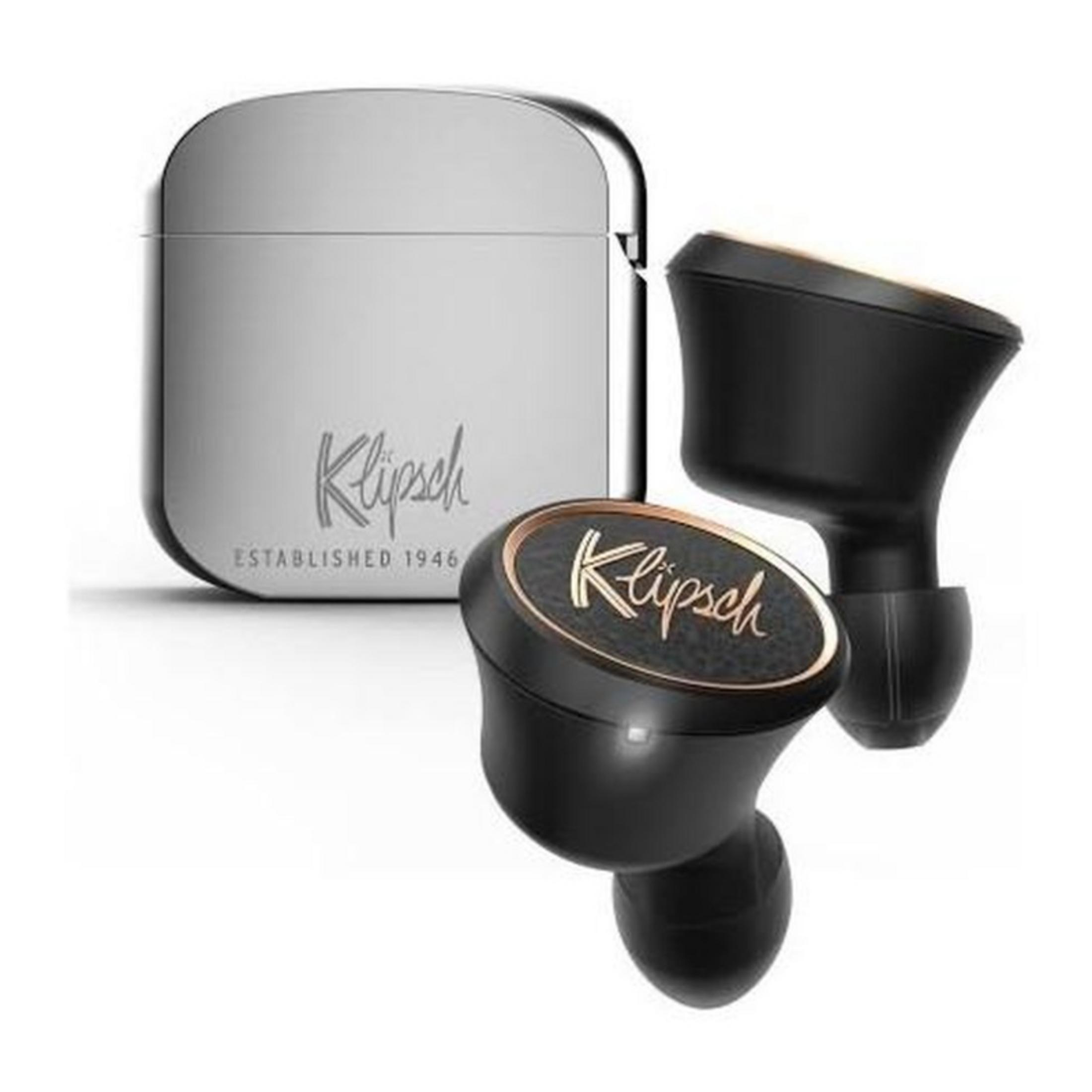 Schwarze Kopfhörer mit Ladecase. Klipsch-Logo auf beiden.