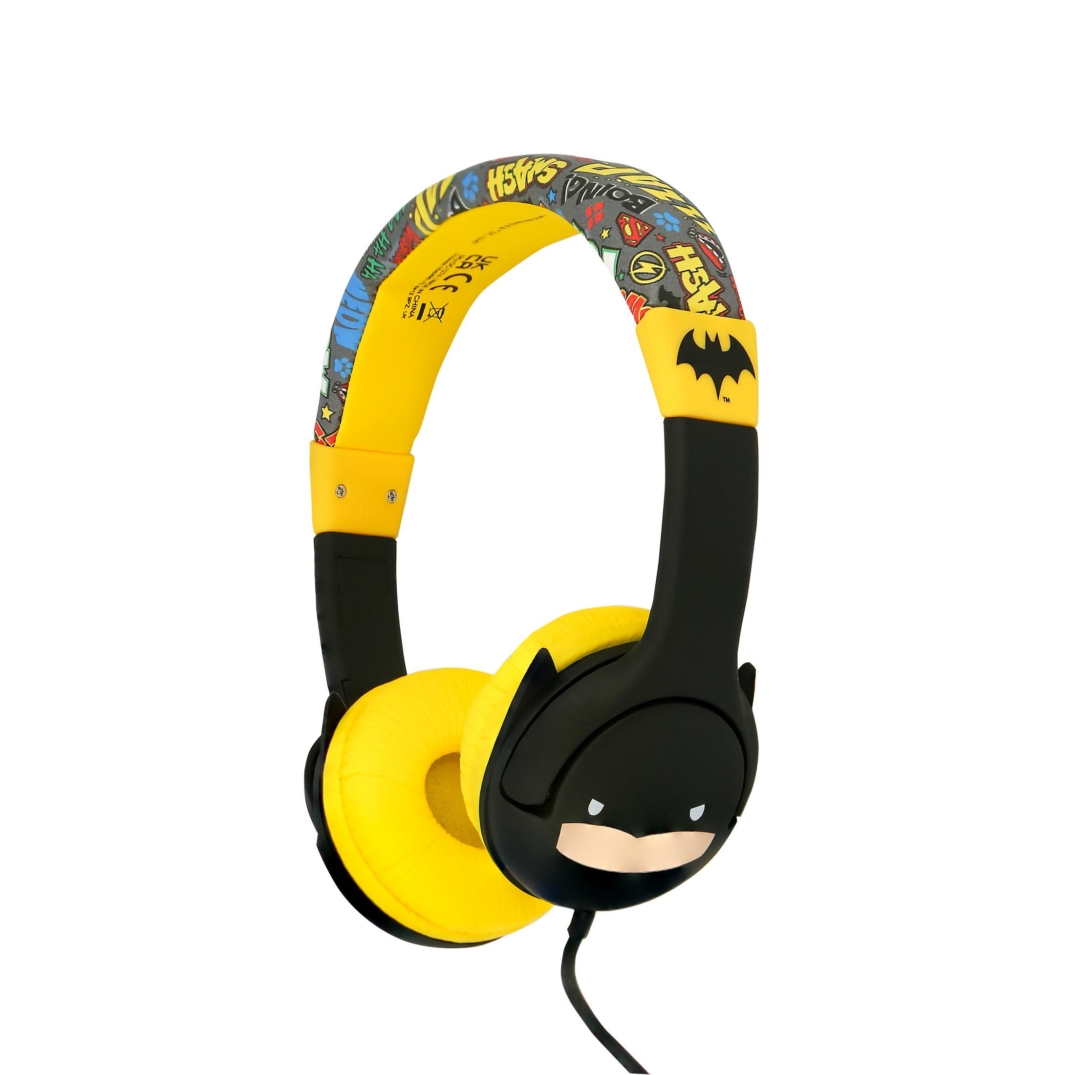 Geel koptelefoon met Batman-gezicht en stripboekprint op de hoofdband.