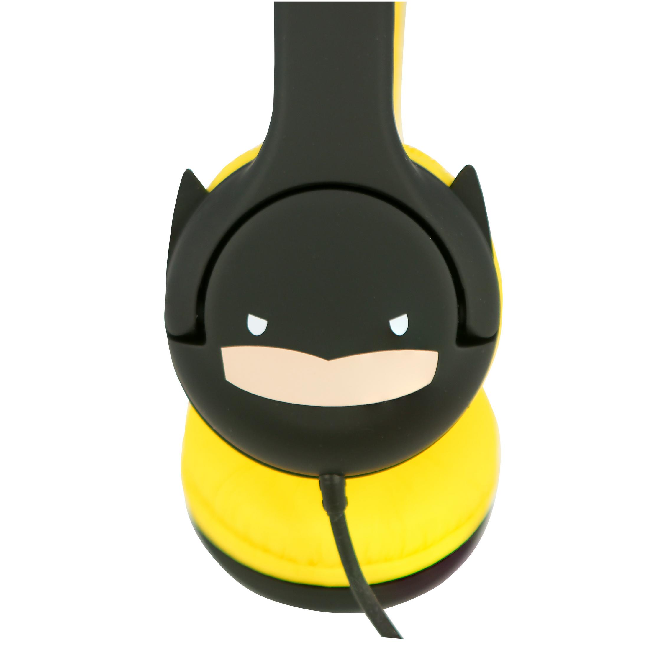 Gele koptelefoon met zwart Batman-ontwerp en kabel.
