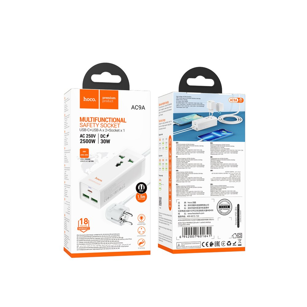 USB-C, USB-A ve 2 prizli beyaz Hoco AC9A çok fonksiyonlu priz.