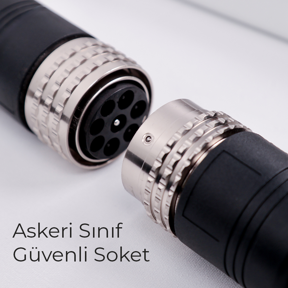 Metal kasalı ve siyah kauçuk tutamaklı iki askeri sınıf konektörün yakın çekimi.