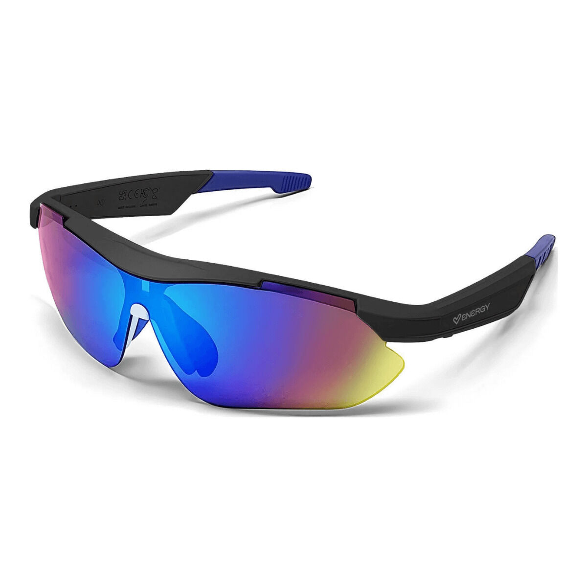 Sportsonnenbrille mit schwarzem Rahmen und bunten Gläsern. Blaue Bügel.