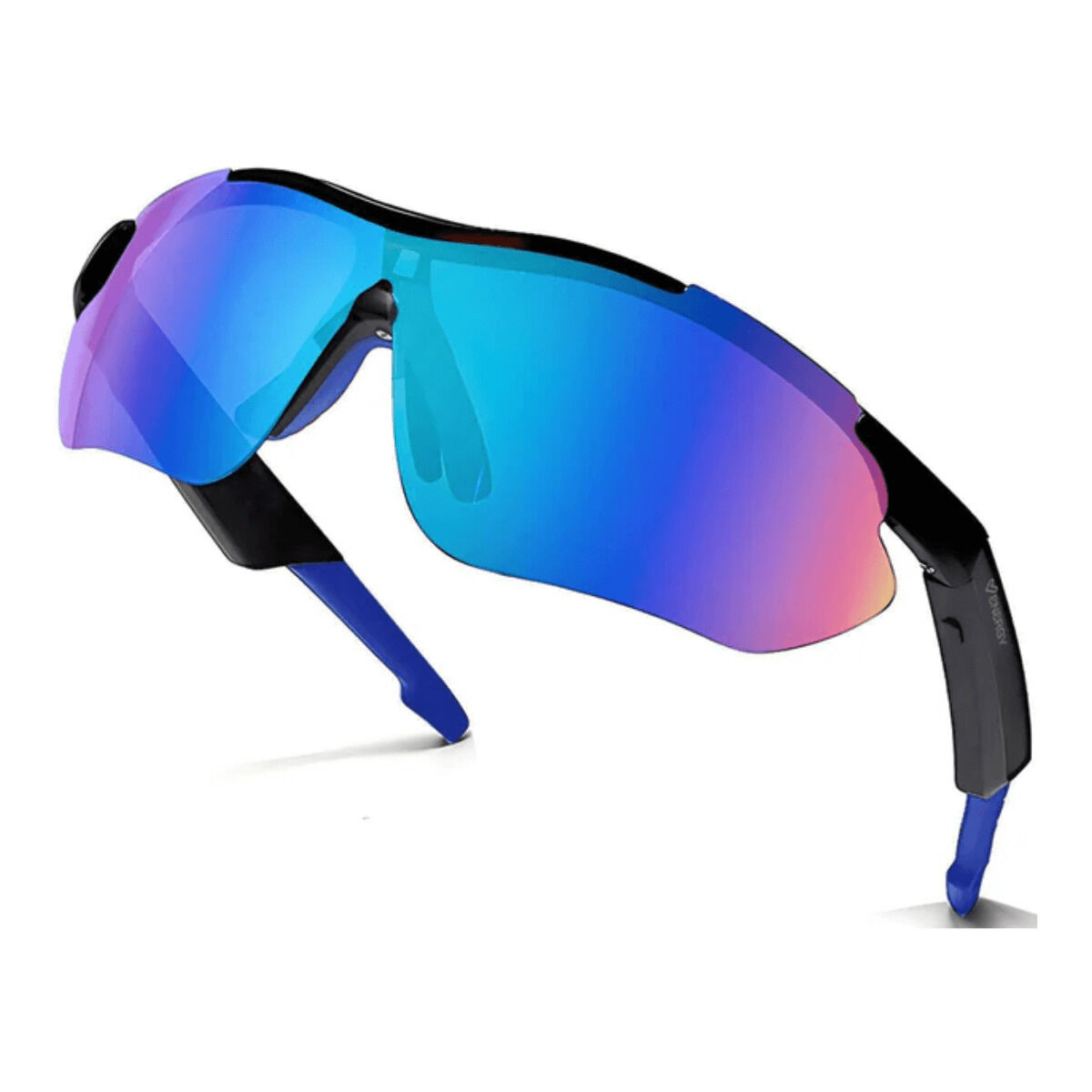 Sportsonnenbrille mit verspiegelten blauen Gläsern und schwarzen Bügeln.