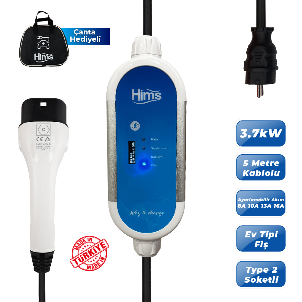 HIMS HCTK-G-3 3.7kW Ev Tipi Taşınabilir Araç Şarj İstasyonu Mavi