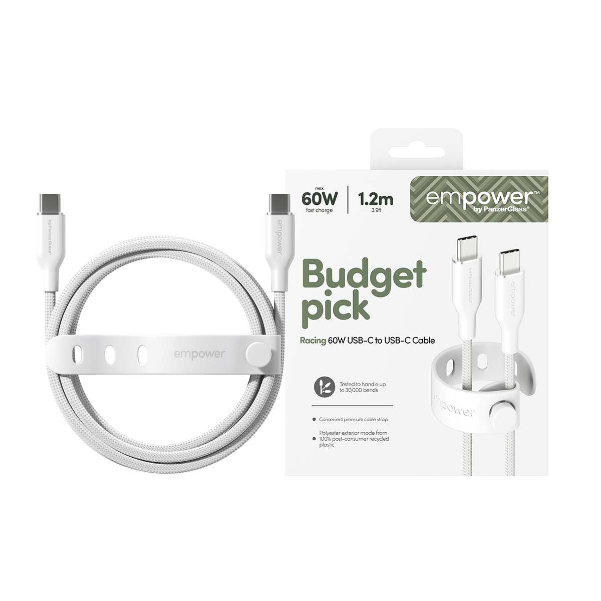 Beyaz Empower USB-C - USB-C kablosu, 1,2m, 60W, beyaz ambalajlı.