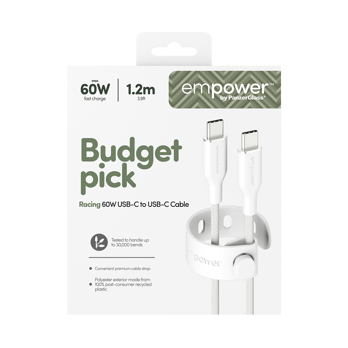 Beyaz Empower USB-C - USB-C kablo ambalajı 60W hızlı şarj, 1,2m uzunluk gösterir.