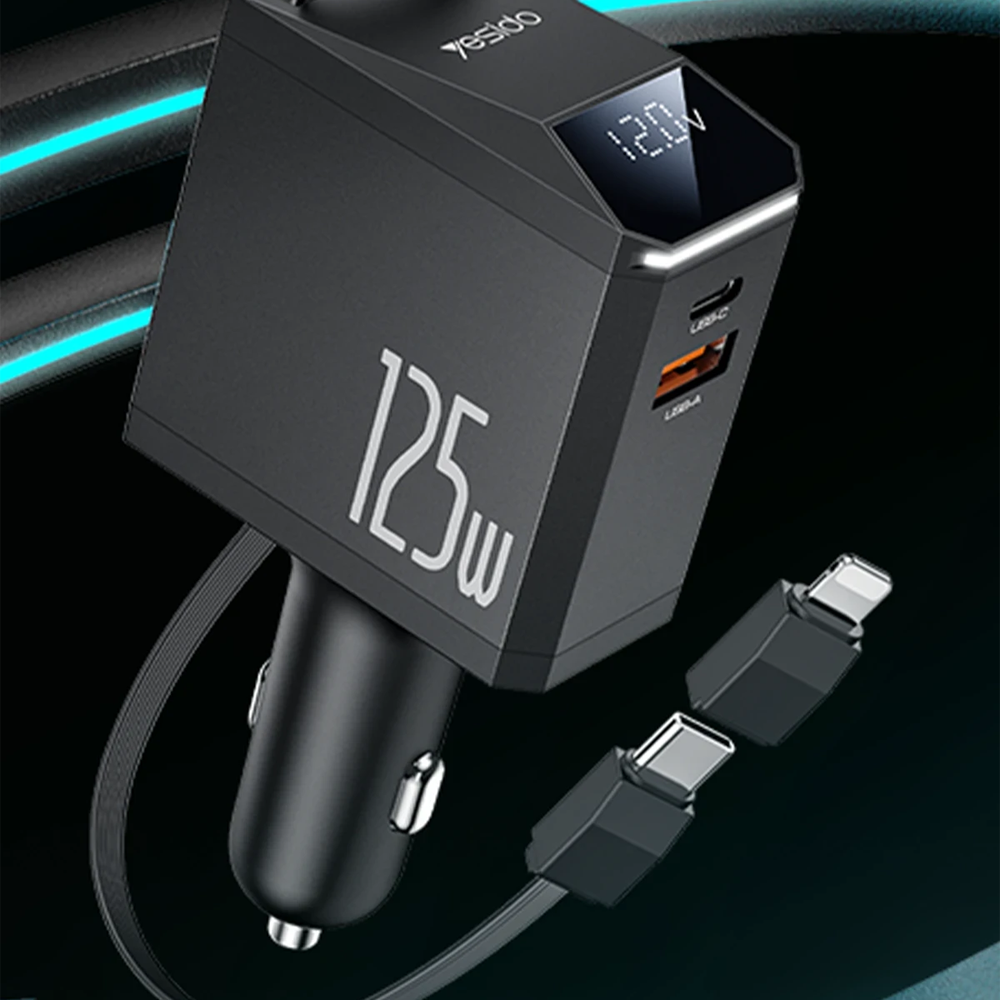 125W göstergeli siyah şarj cihazı, iki USB-C ve bir USB-A bağlantı noktası.