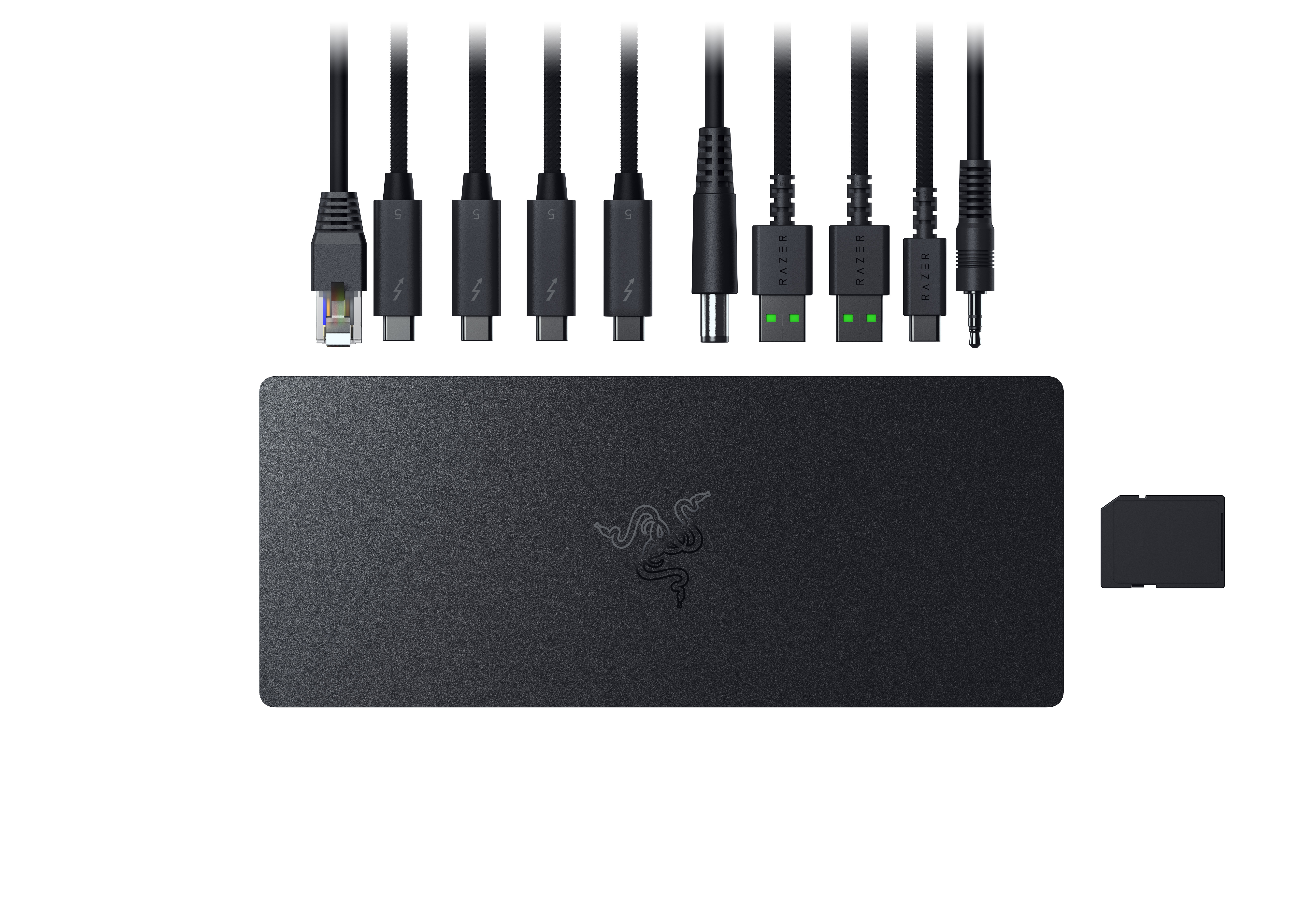 Eine schwarze Razer-Dockingstation mit verschiedenen schwarzen Kabeln, darunter USB-C, Ethernet, USB-A und Audiobuchsen.