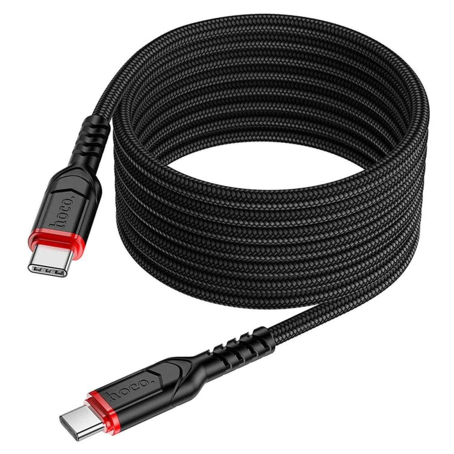 İki konektörlü, kırmızı vurgulu, siyah USB-C kablo, sarılı.