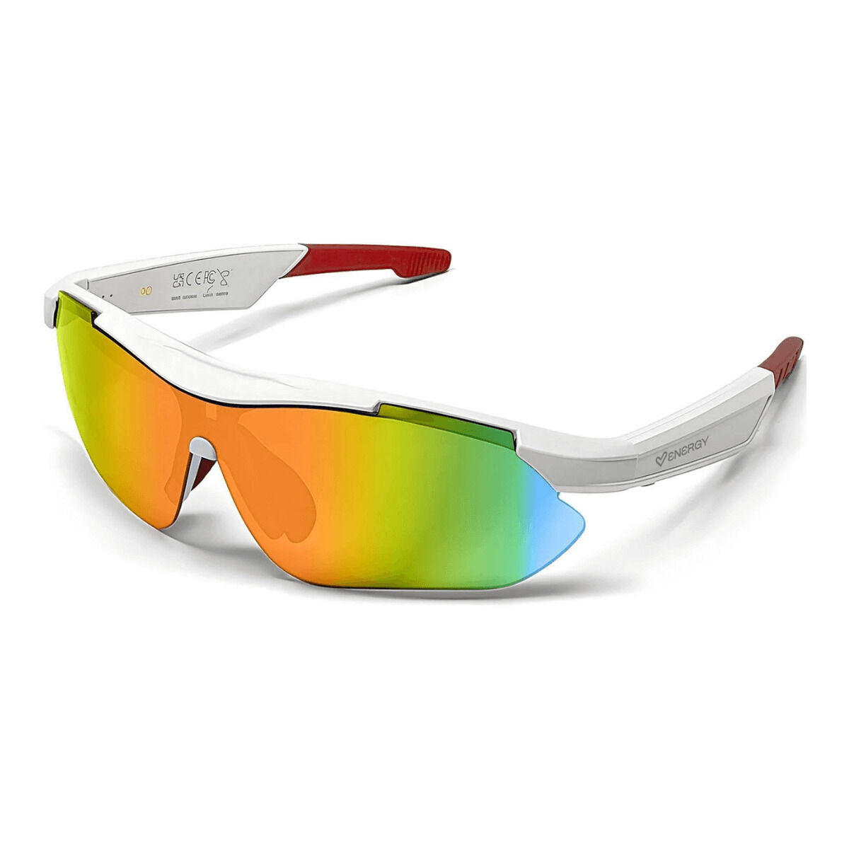 Weiße Sportsonnenbrille mit verspiegelten, bunten Gläsern und roten Akzenten.