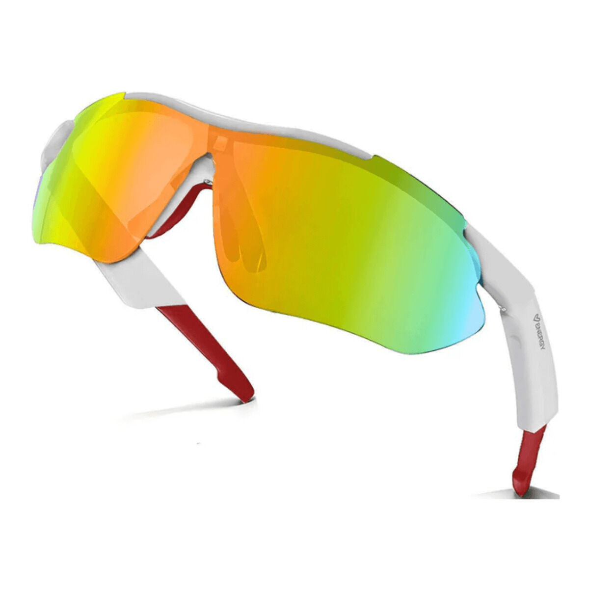 Weiße Sportbrille mit bunten Gläsern und roten Bügelenden.