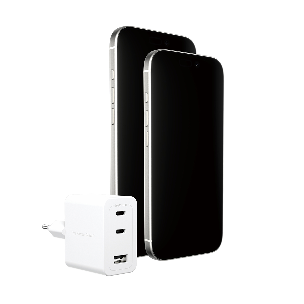 İki USB-C ve bir USB-A bağlantı noktasına sahip beyaz bir şarj cihazı, iki akıllı telefonun yanında.